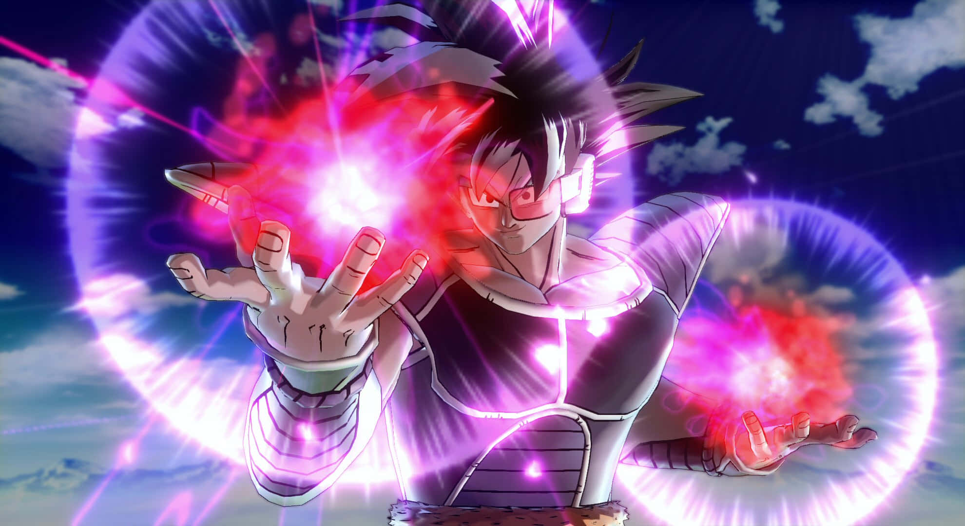 Dragon Ball Xenoverse 2, glowing red and purple energy spheres, dramatic sky battle, Full HD Desktop Wallpaper