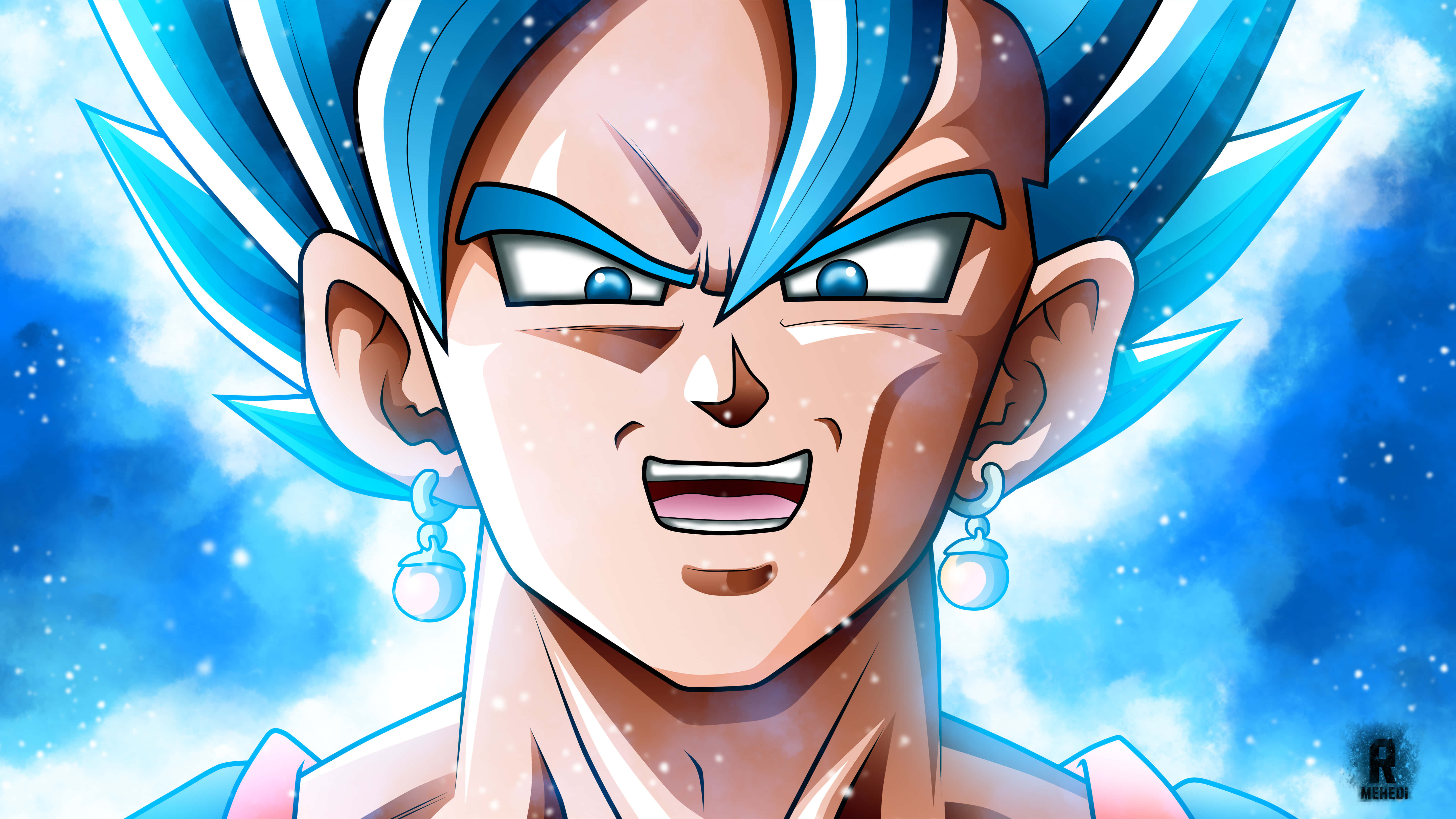 Dragon Ball Z 4K Pc, spiky blue hair, glowing eyes, 5K Desktop Wallpaper