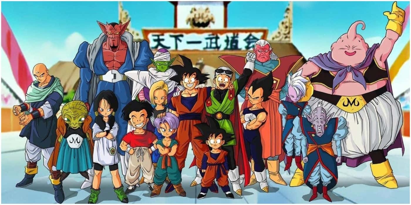 Dragon Ball Z, group pose, bright blue sky, HD Desktop Wallpaper