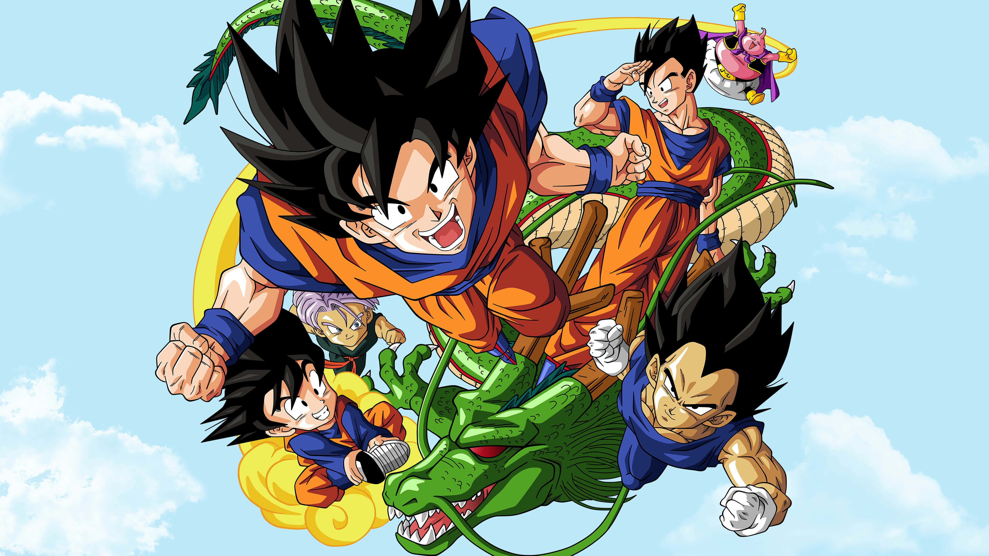Dragon Ball Z, flying characters, bright blue sky, 4K Desktop Wallpaper