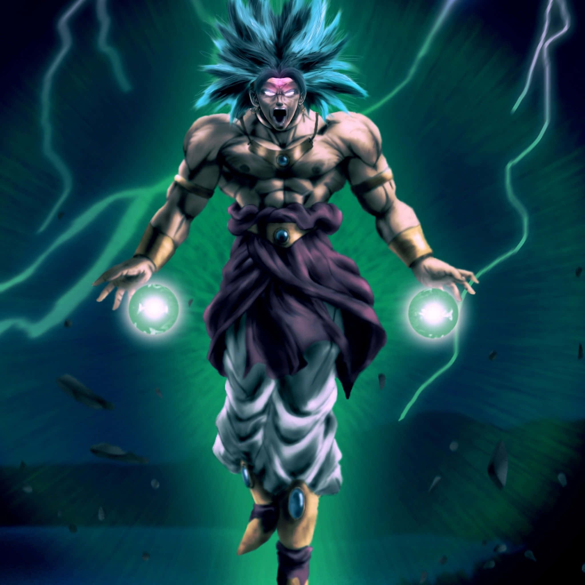 Dragon Ball Z Broly, spiky blue hair, glowing green orbs, Full HD Desktop Wallpaper