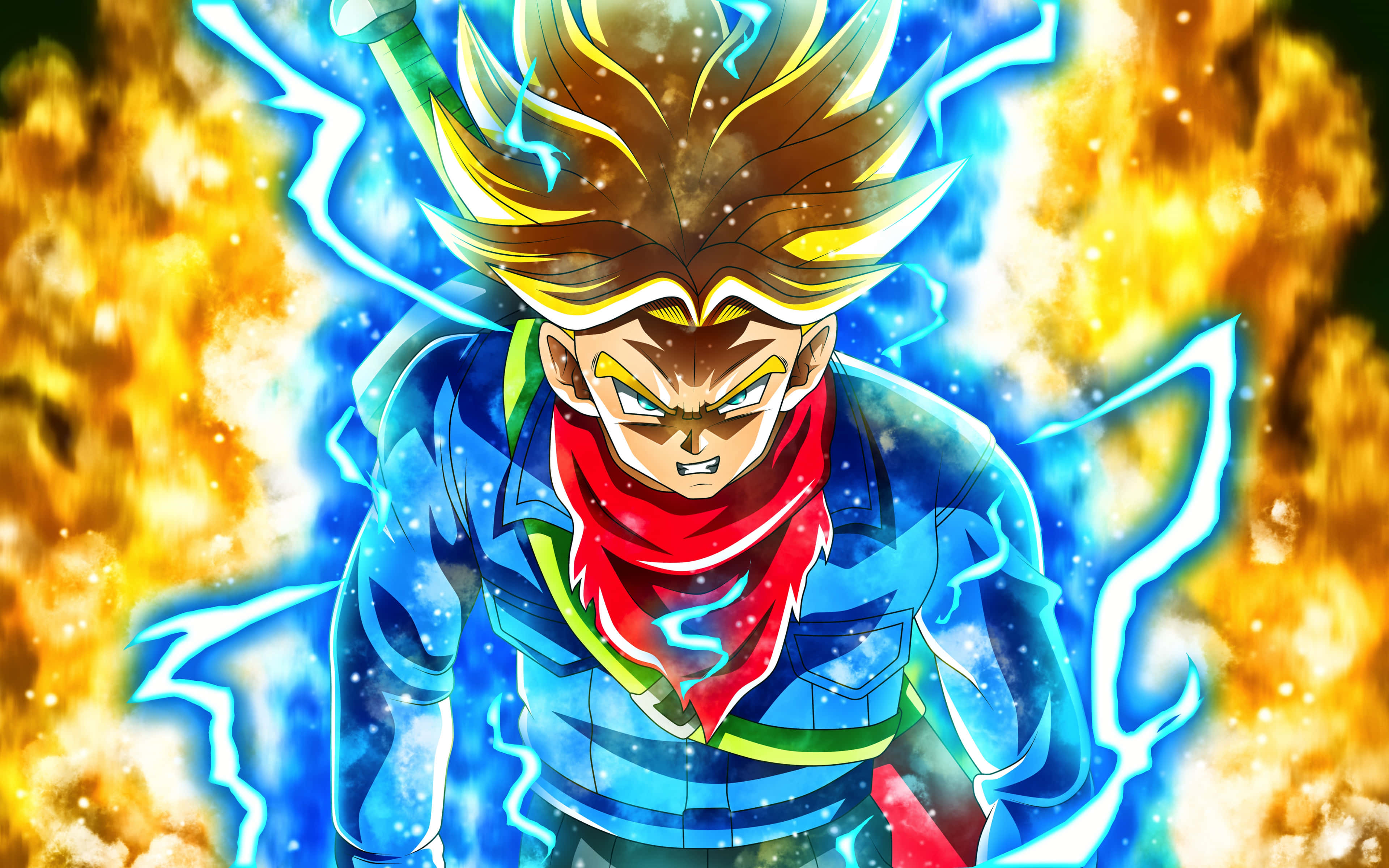 Dragon Ball Z Trunks, spiky golden hair, glowing blue lightning, 4K Desktop Wallpaper