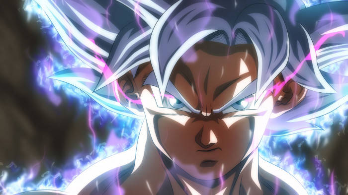 3D Anime Goku, silver hair, glowing eyes, SD Desktop Wallpaper