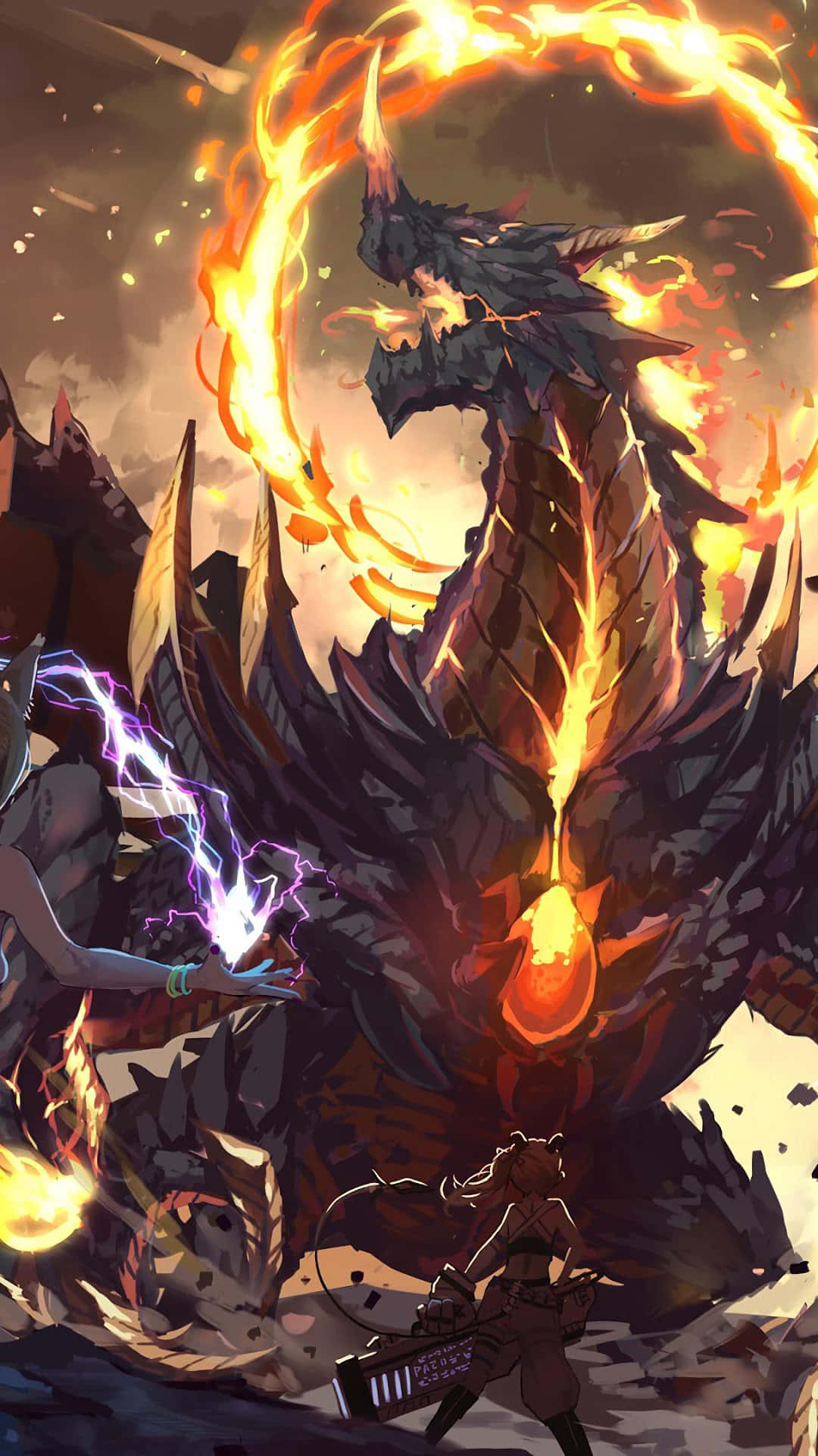 mystical dragon, colossal fiery dragon, crumbling ruins, Full HD Phone Wallpaper