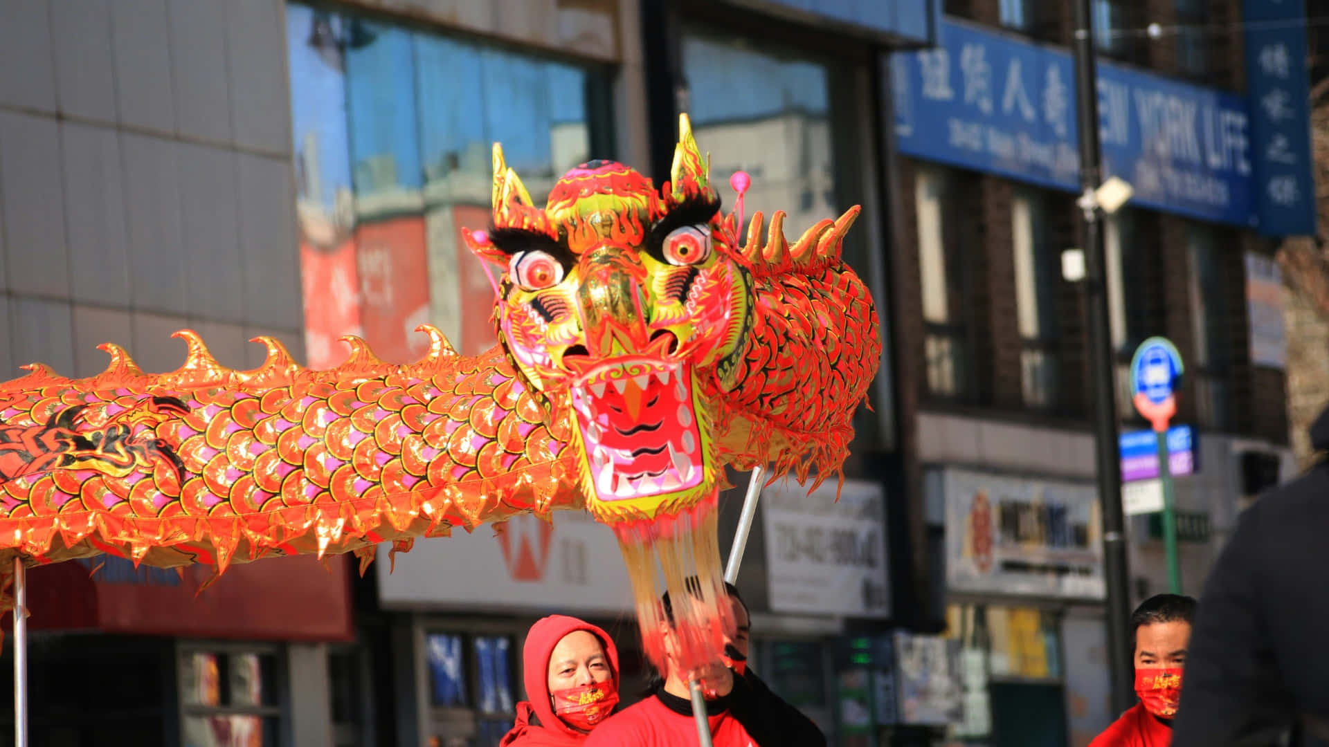 Dragon Dance, vibrant orange and red, glowing eyes, Full HD Desktop Wallpaper