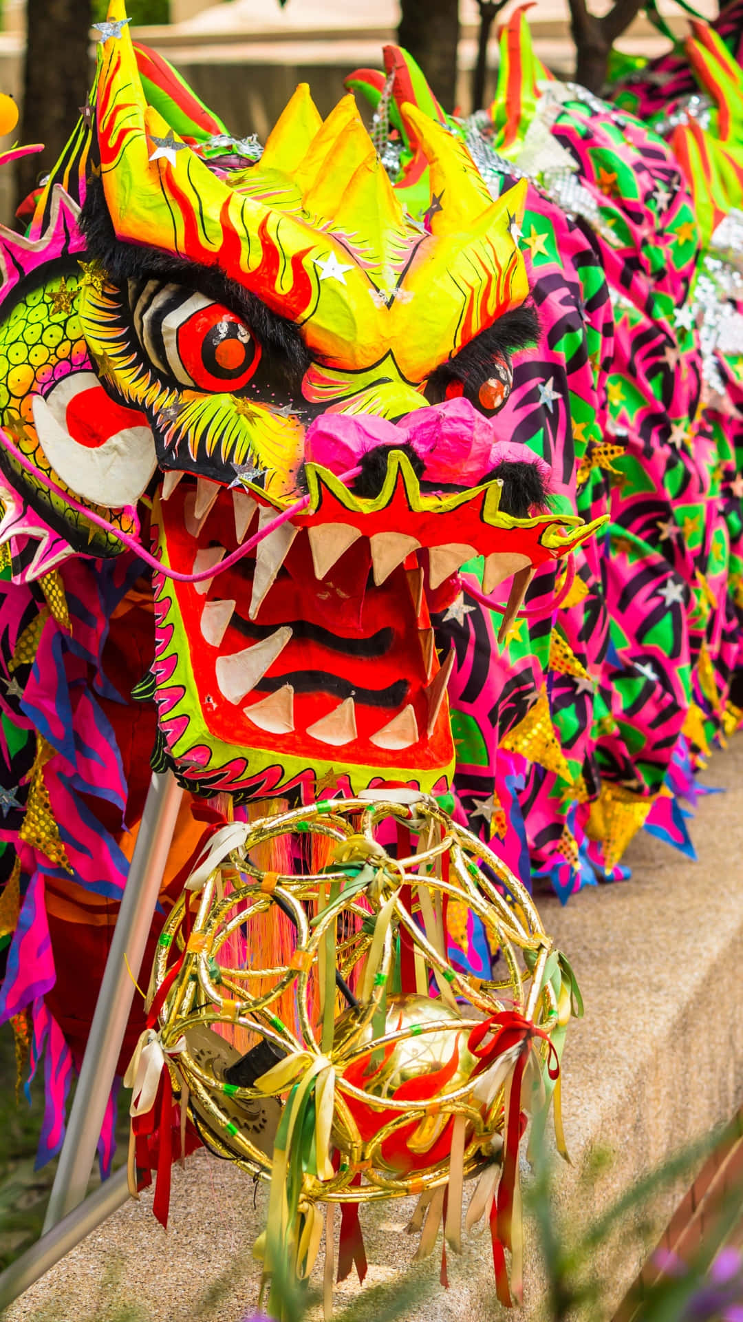 colorful dragon dance costume, vibrant traditional Chinese dragon dance costume, glowing yellow head, Full HD Phone Wallpaper