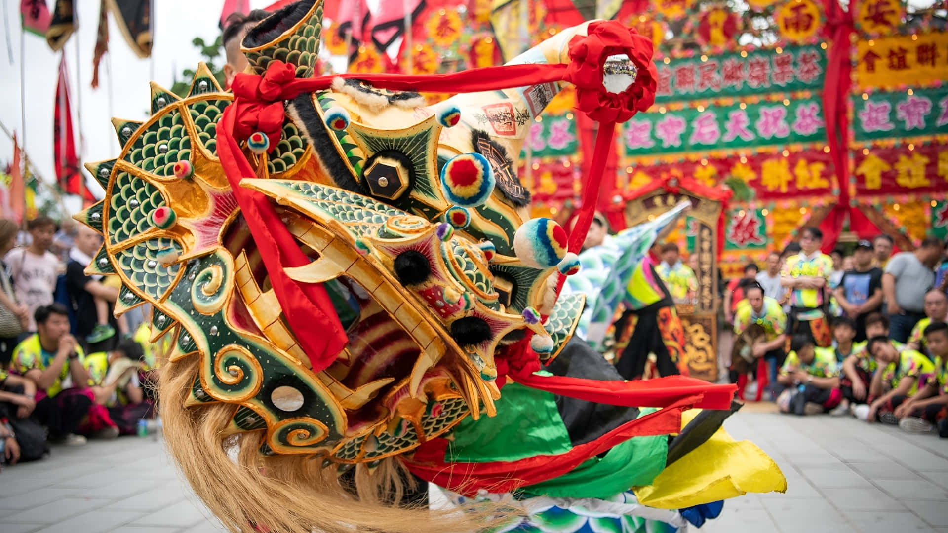 Dragon Dance, green gold, red, Full HD Desktop Wallpaper