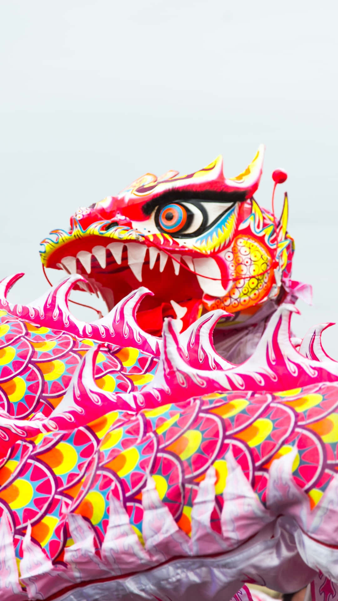 colorful dragon dance head, vibrant red dragon costume, sharp teeth, Full HD Phone Wallpaper