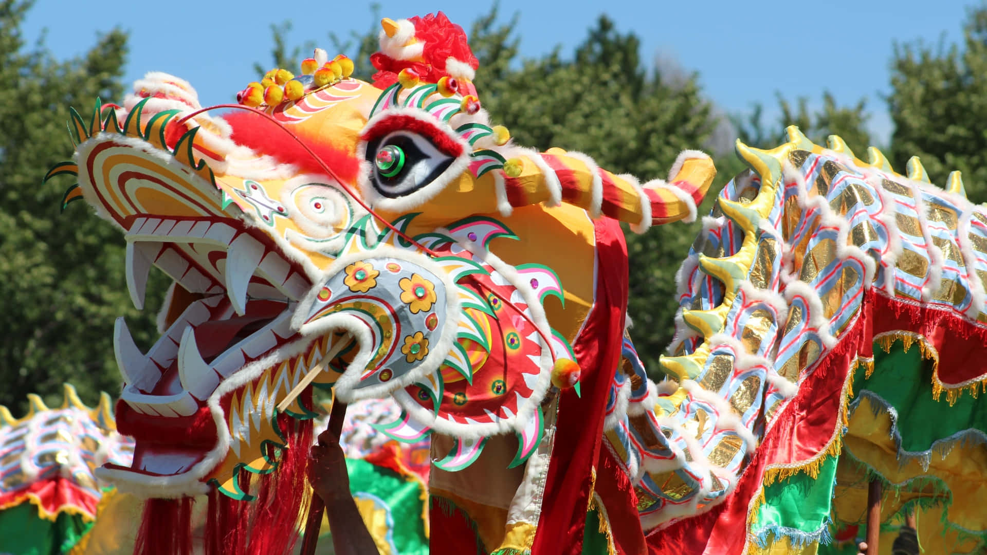 colorful dragon dance performance, vibrant yellow red and green dragon dance costume, intricate floral patterns, Full HD Desktop Wallpaper