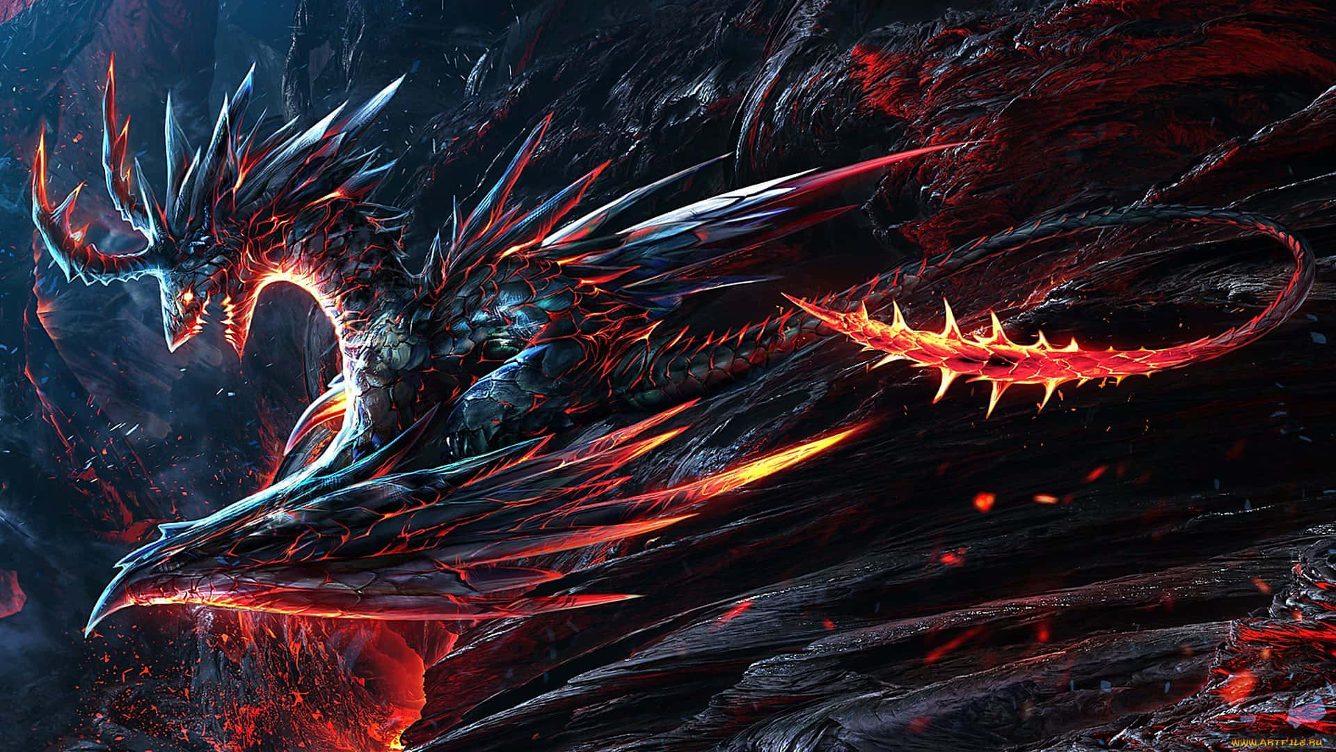 Dragon Fantasy, retro-style video game, glowing red and blue scales, Full HD Desktop Wallpaper