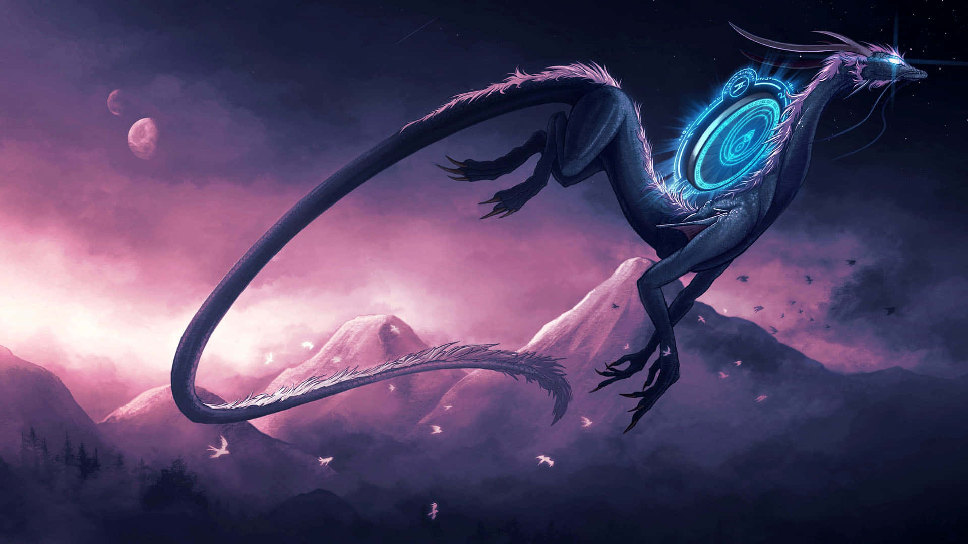 fantasy flying galaxy dragon, anime, sleek black dragon, Full HD Desktop Wallpaper