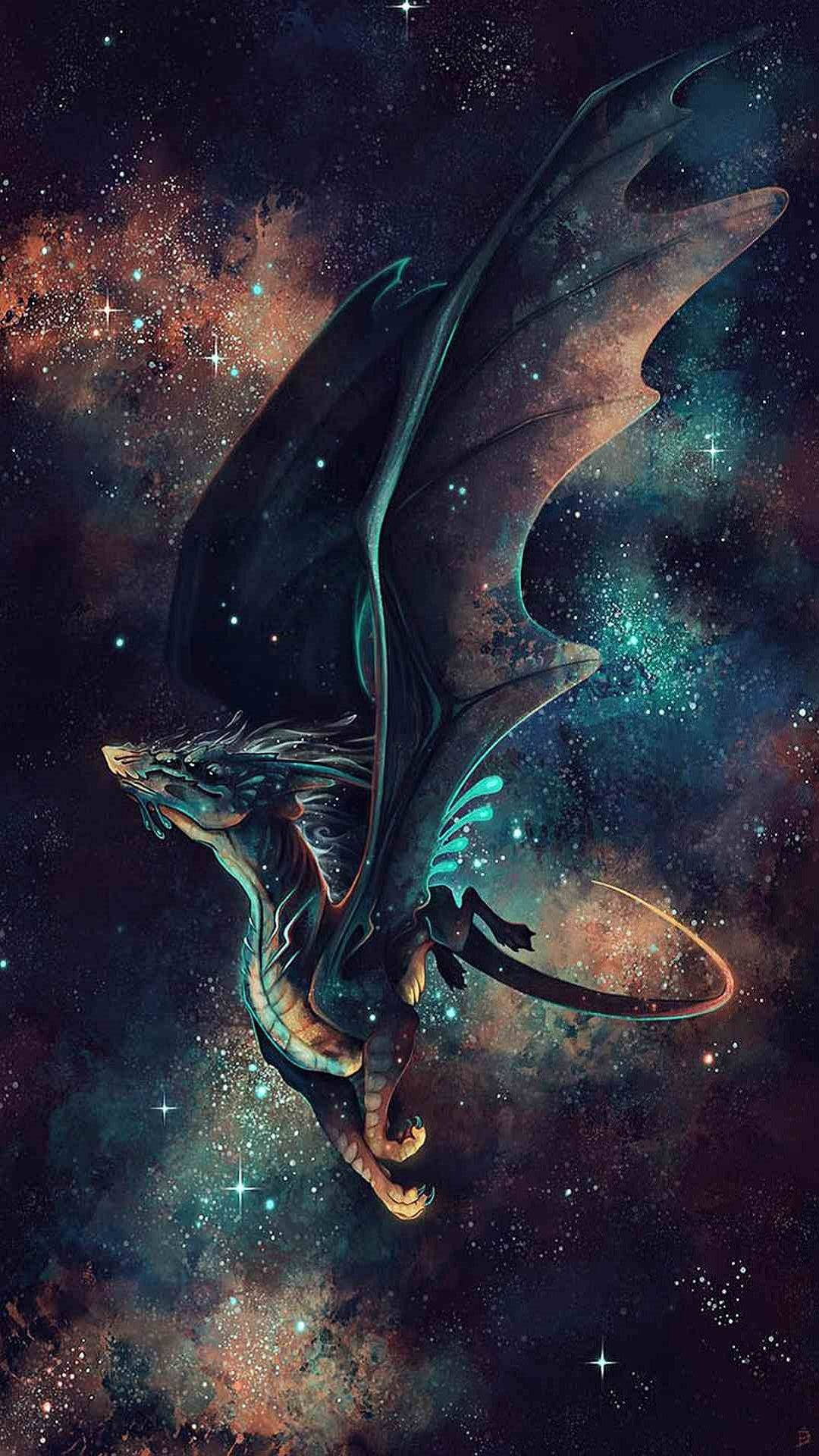 Galaxy Dragon, teal accents, cosmic nebula, Full HD Phone Wallpaper