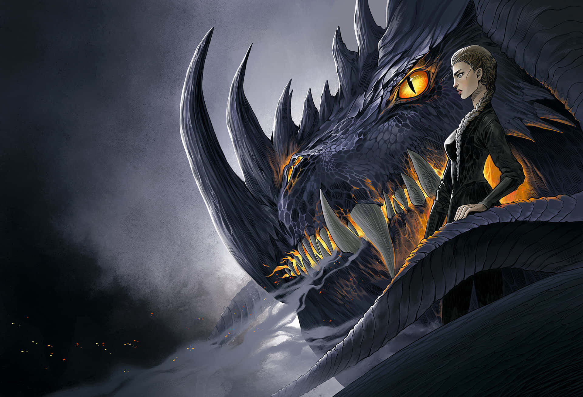 woman, dark dragon, glowing orange eyes, Full HD Desktop Wallpaper
