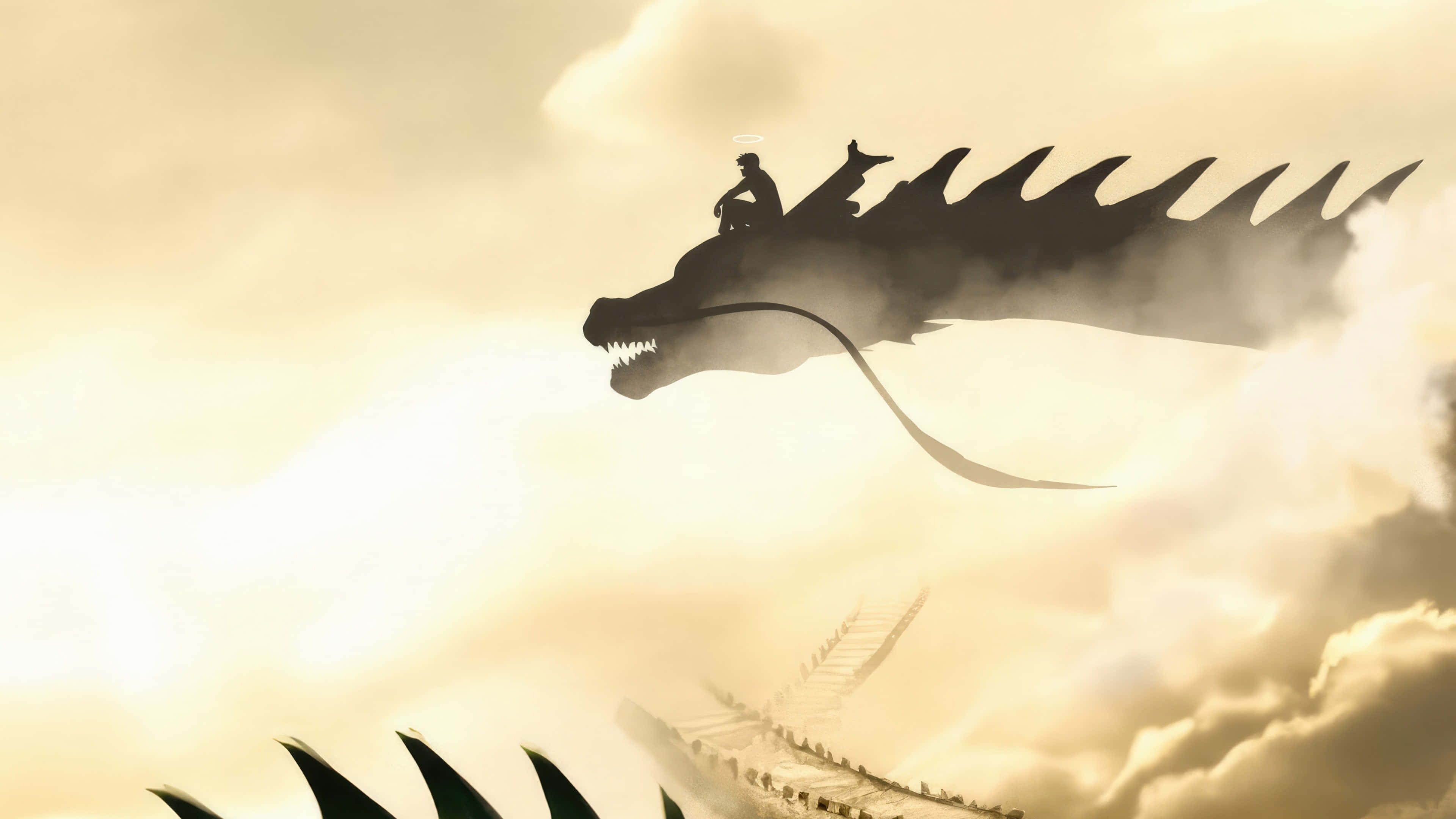 Mystical Dragon Ride Through Clouds, dragon, golden cloudy sky, 4K Desktop Wallpaper