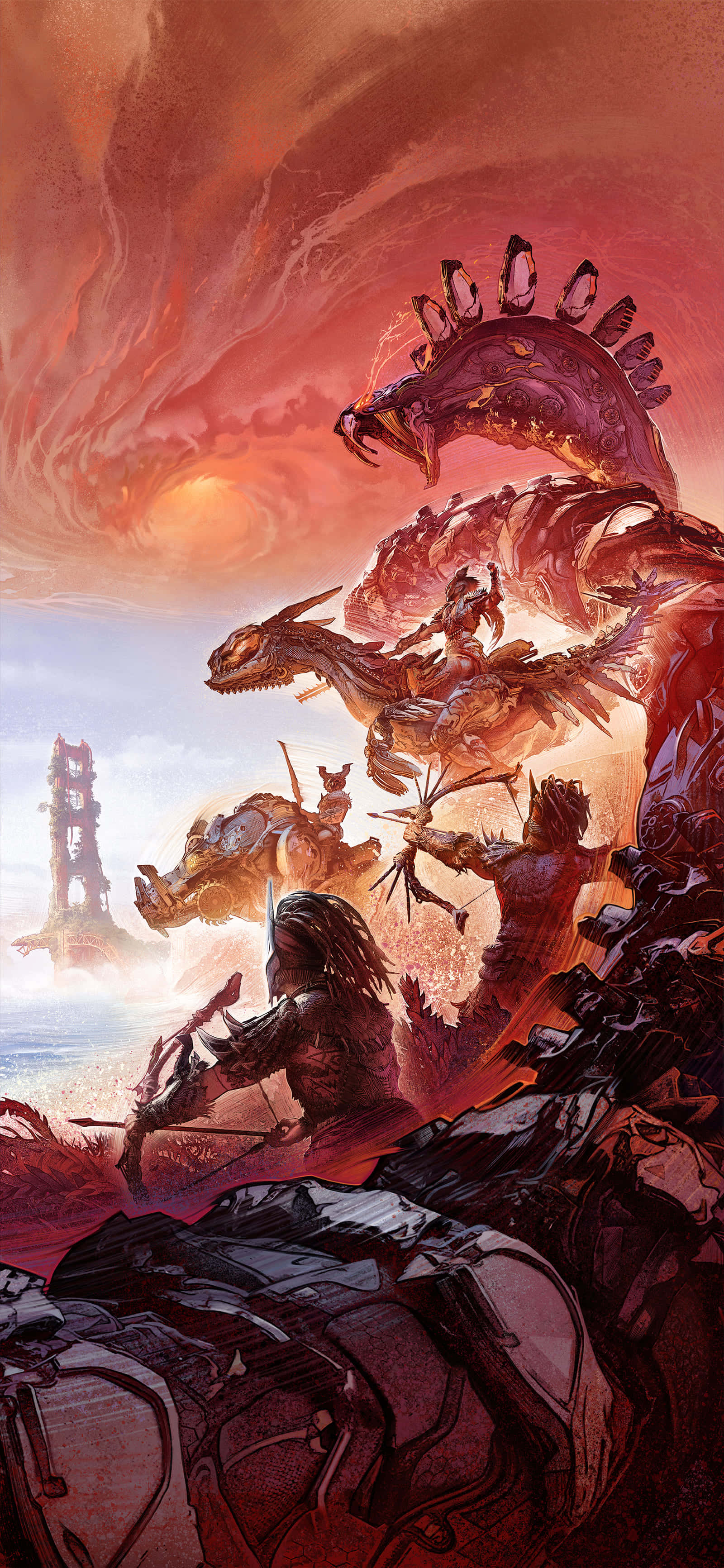 fantasy dragon battle, colossal dragon, fiery red sky, 2K Phone Wallpaper
