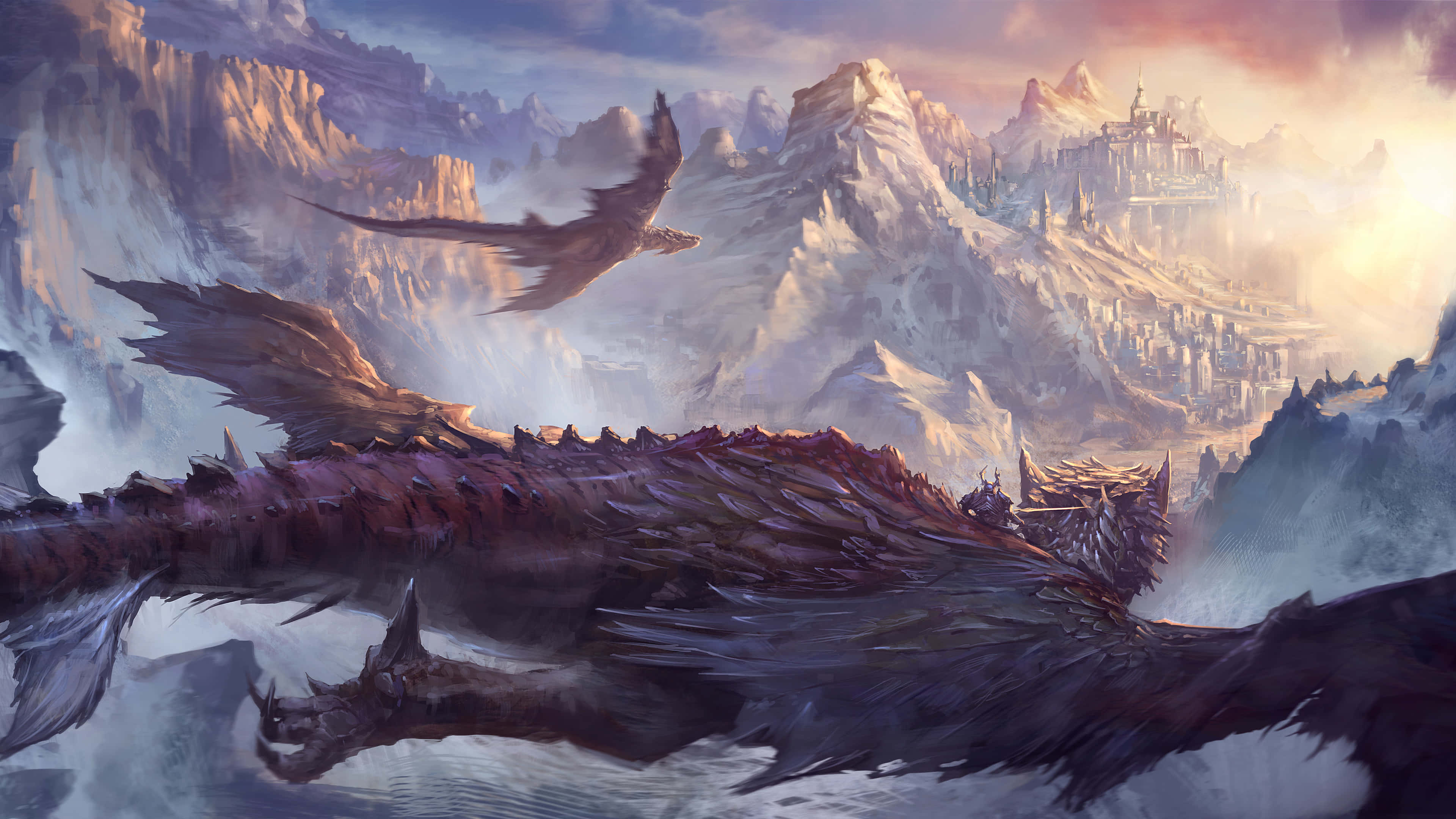 epic dragon, fantasy world, snowcapped mountains, 4K Desktop Wallpaper