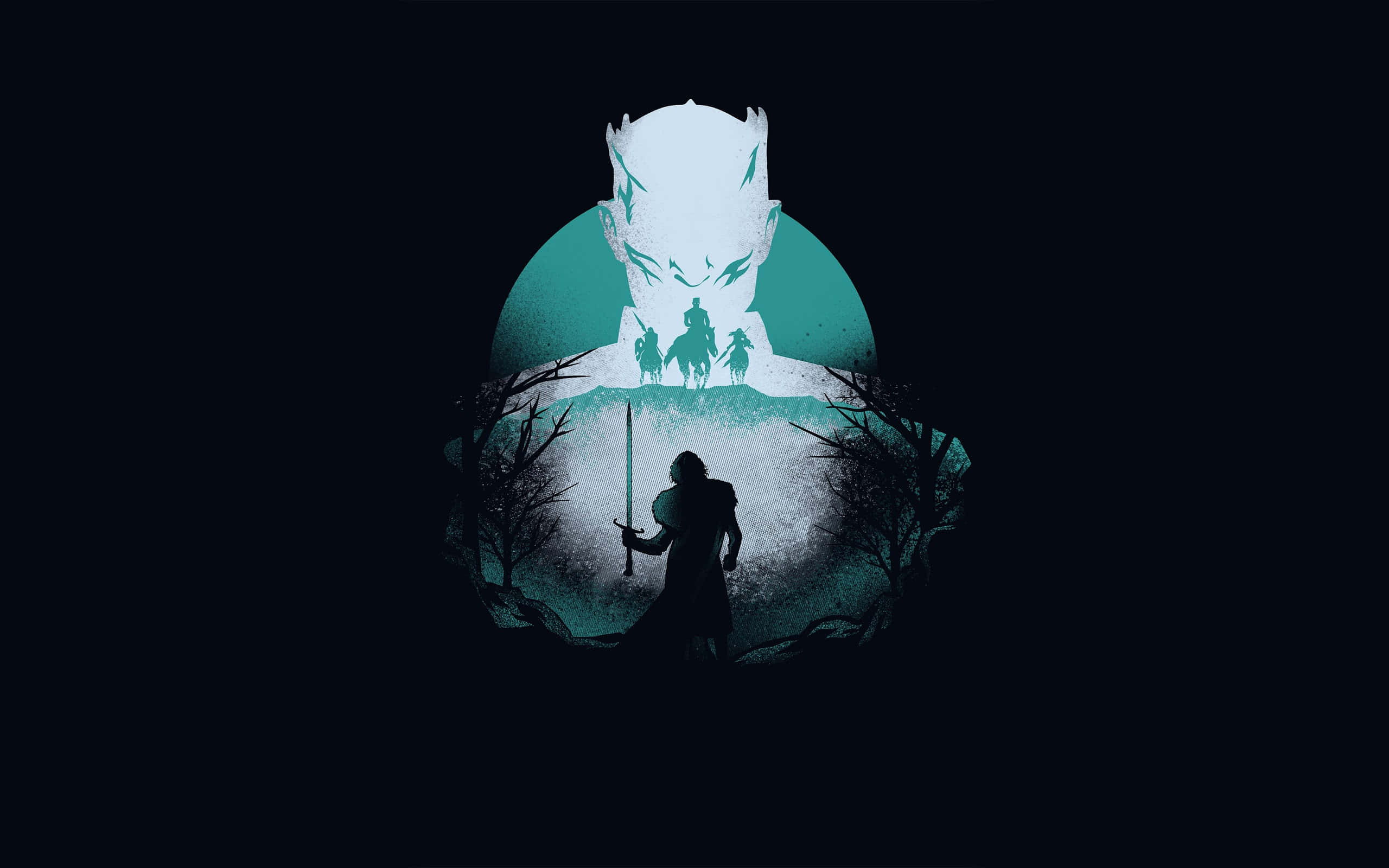 fantasy warrior, dragon silhouette, glowing teal circle, 2K Desktop Wallpaper