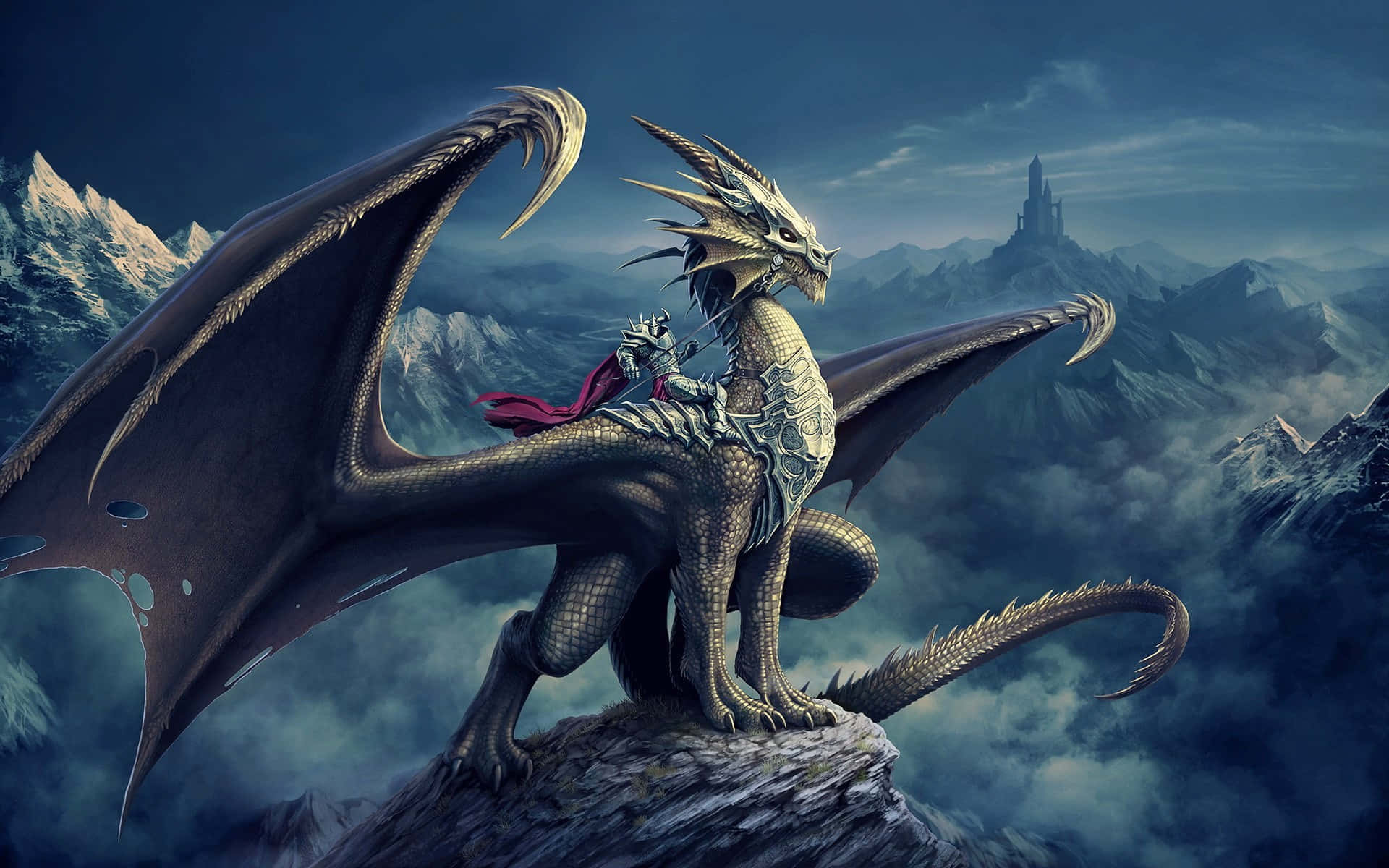 dragon, knight in silver armor, snowy mountain peak, Full HD Desktop Wallpaper