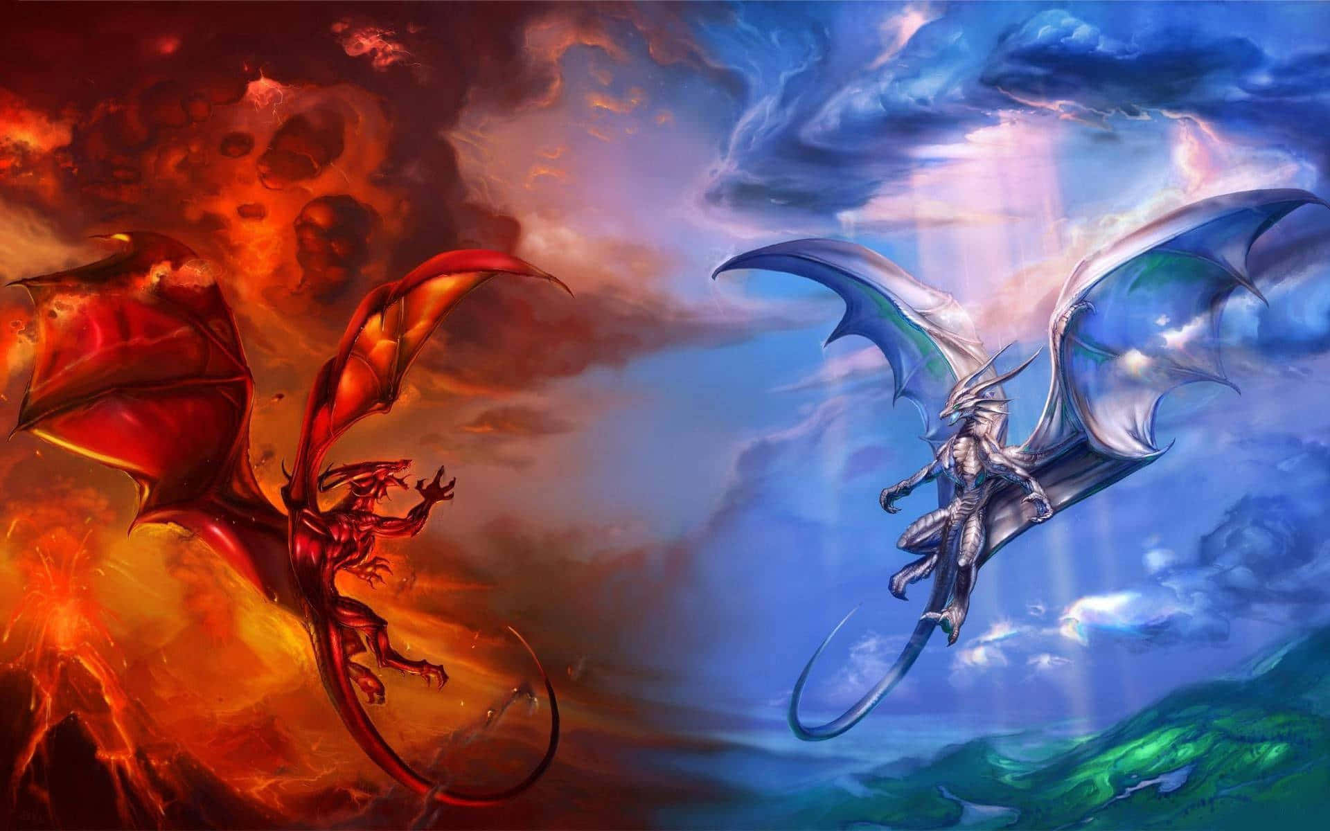 fiery red dragon, silver dragon, volcanic lava, Full HD Desktop Wallpaper