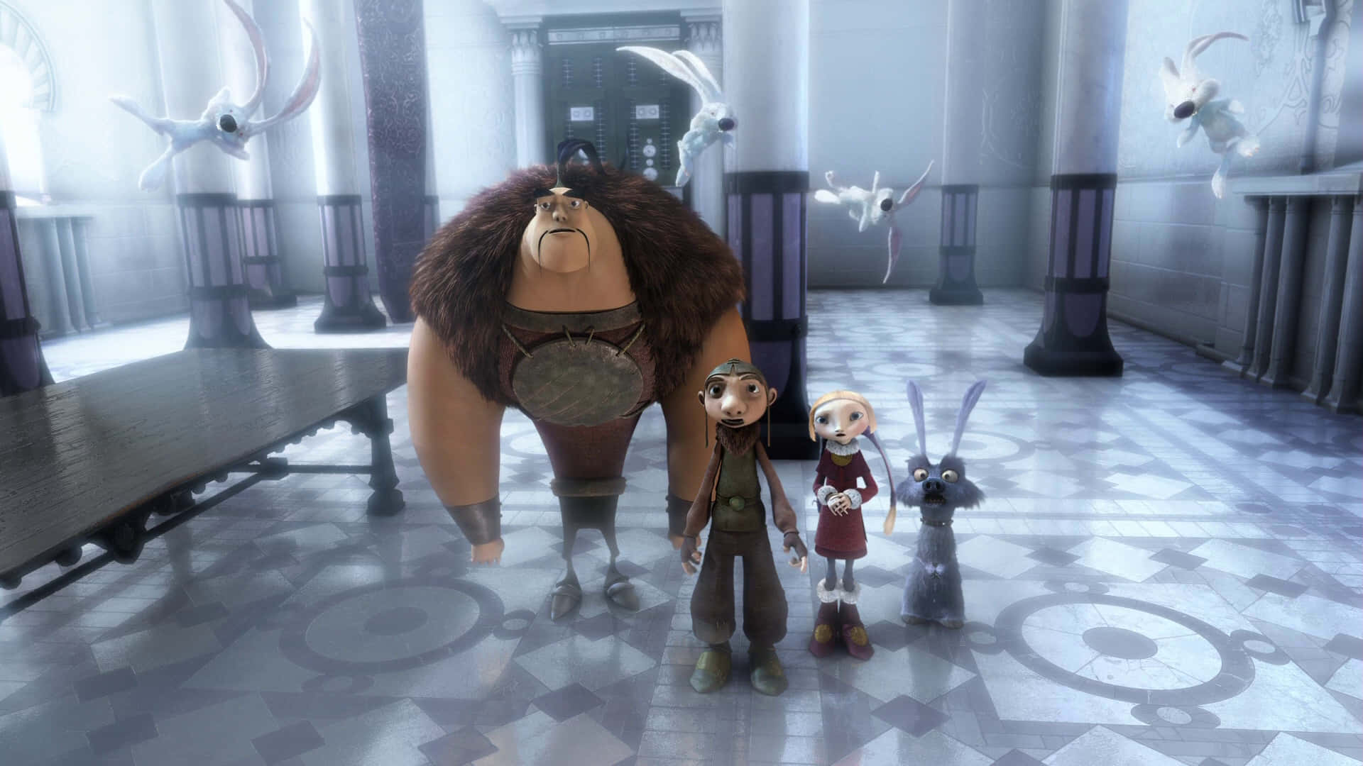Dragon Hunters, giant furry creature, three small companions, Full HD Desktop Wallpaper