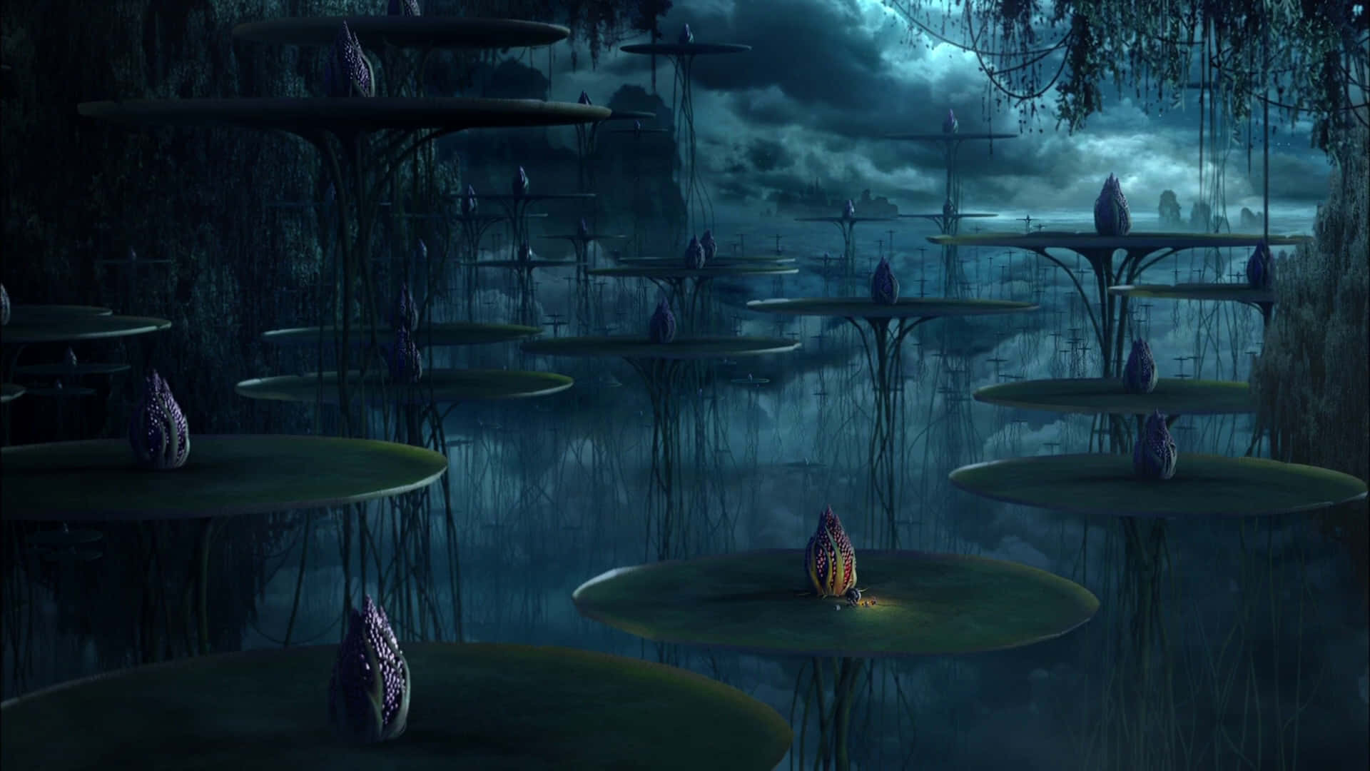 Dragon Hunters, forest lake, glowing purple lily pads, Full HD Desktop Wallpaper