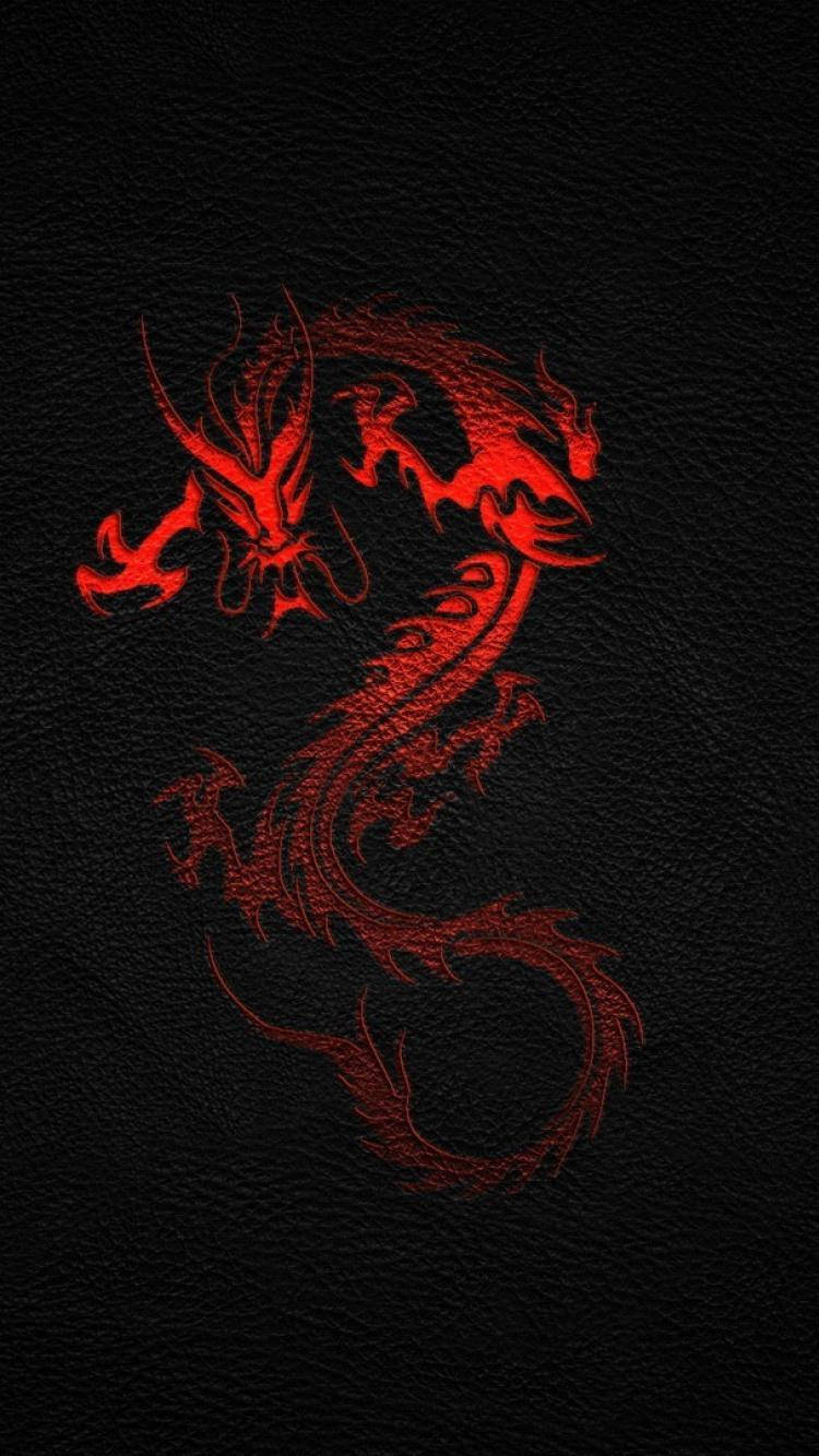 simple red dragon, glowing detail, textured black leather background, HD Phone Wallpaper