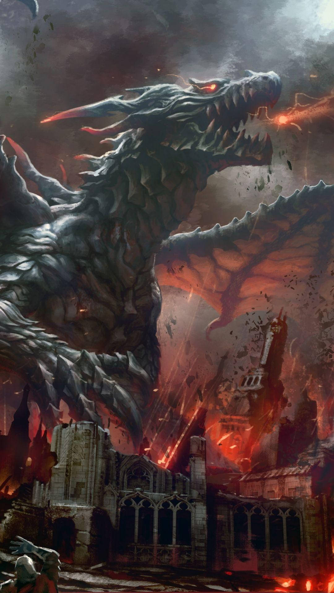 dragon, glowing red eyes, fiery breath, Full HD Phone Wallpaper