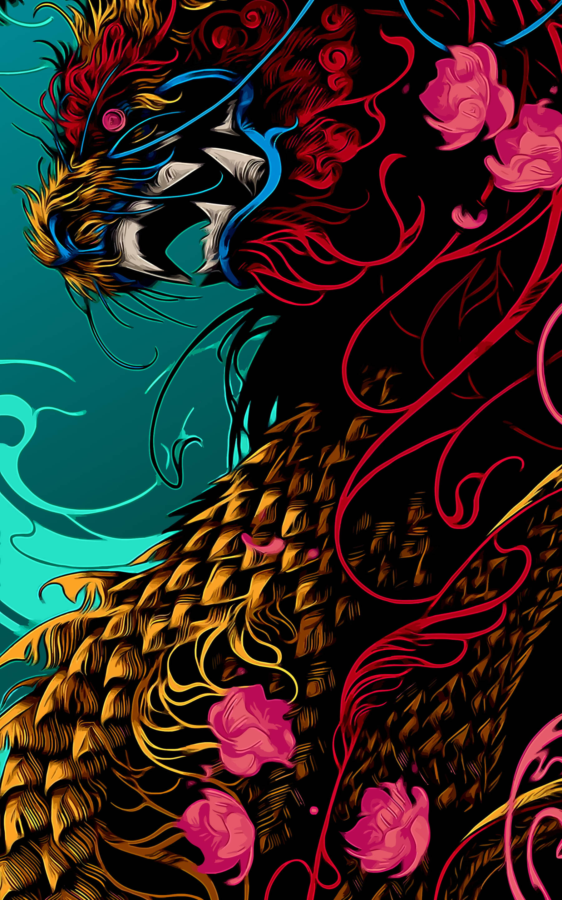 dragon, fiery red scales, gold scales, 2K Phone Wallpaper
