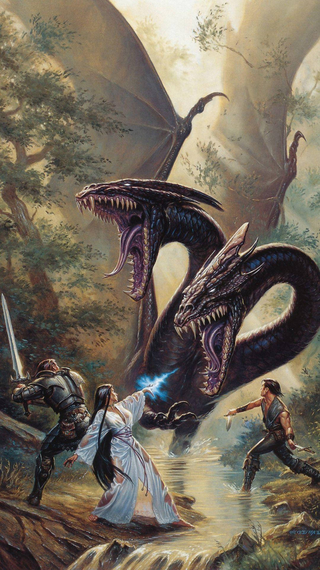 dragon, adventurers, misty forest clearing, Full HD Phone Wallpaper