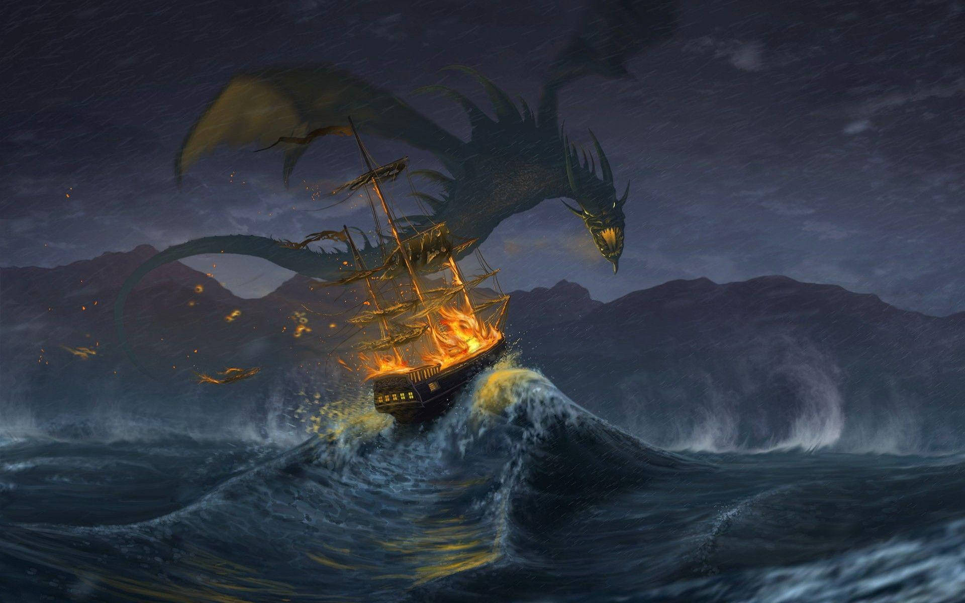 Sea Dragon, iPhone, fiery ship, Full HD Desktop Wallpaper