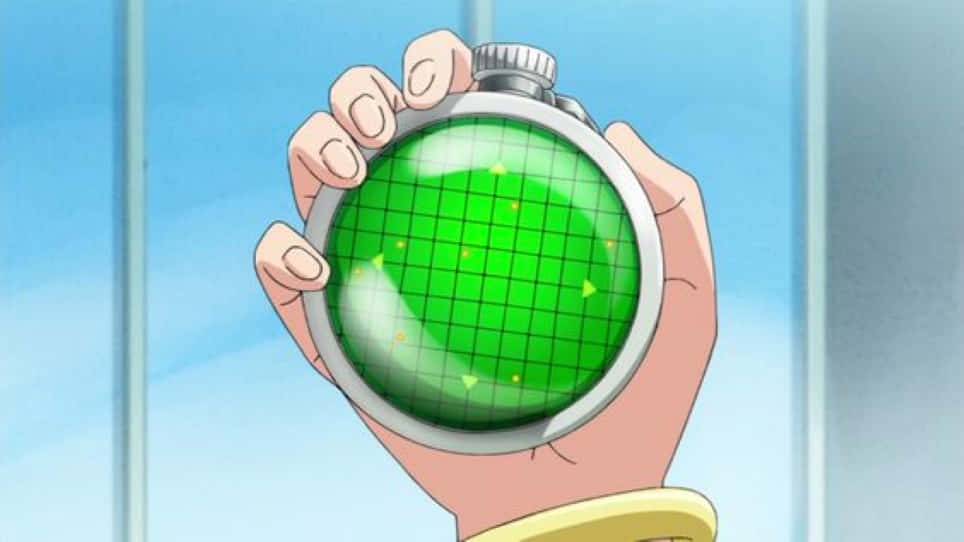 Dragon Radar, silver stopwatch, glowing green grid face, SD Desktop Wallpaper
