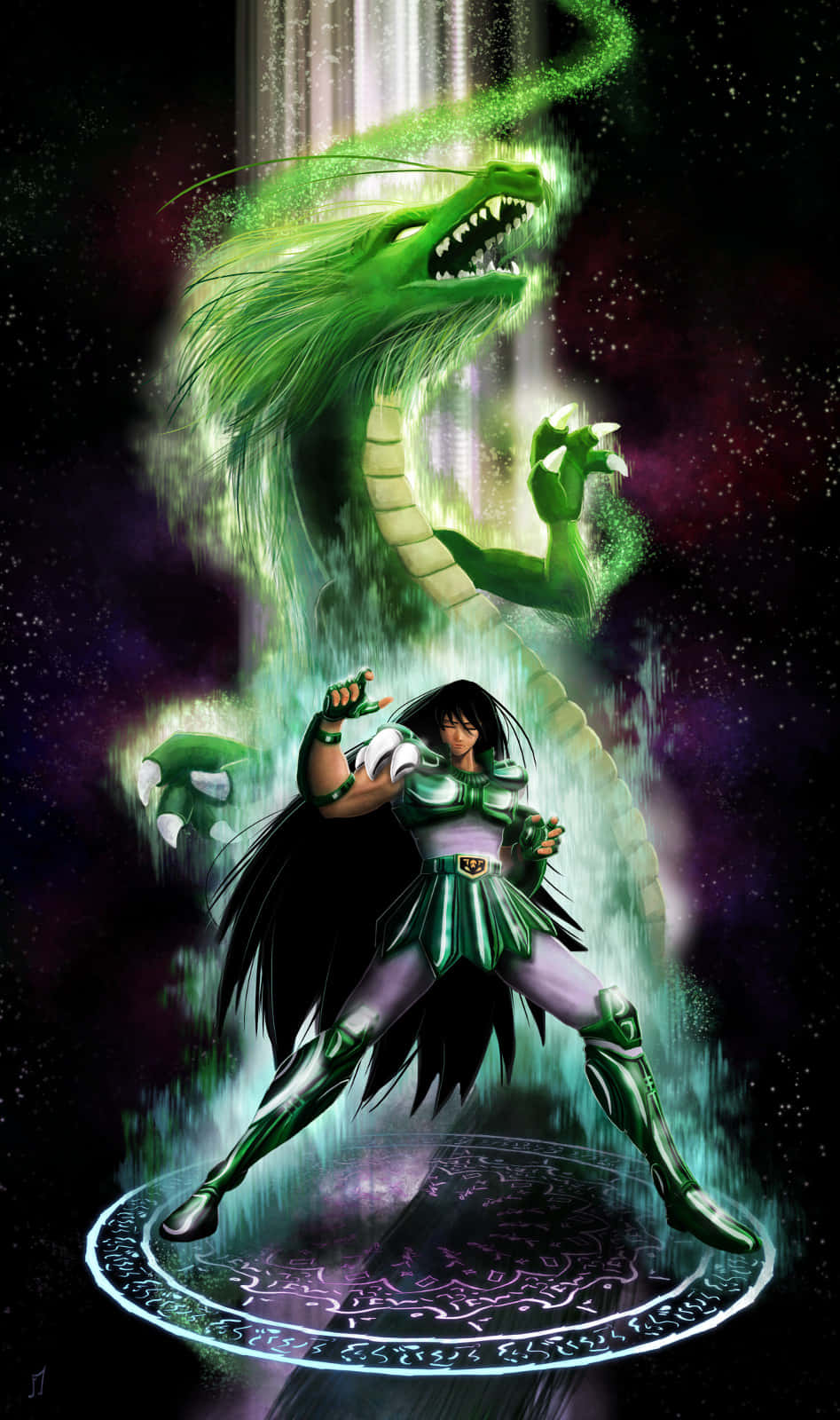 Dragon Shiryu, green armor, glowing green dragon, HD Phone Wallpaper