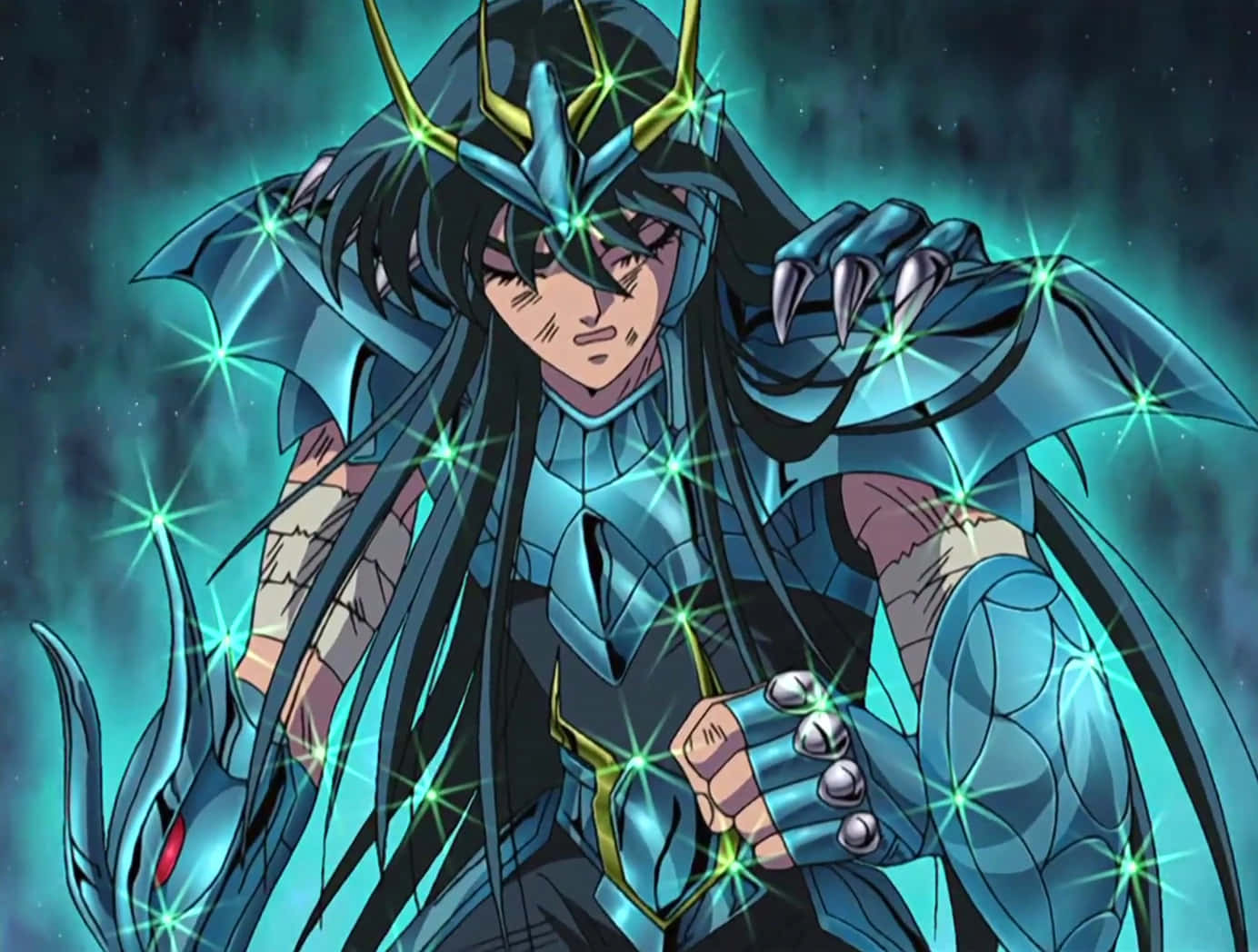 Dragon Shiryu, glowing blue armor, golden horns, HD Desktop Wallpaper