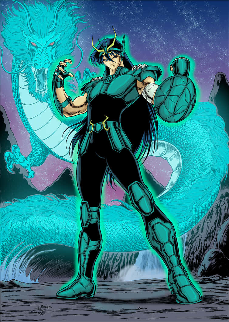 Dragon Shiryu, teal armor, glowing turquoise dragon, SD Phone Wallpaper