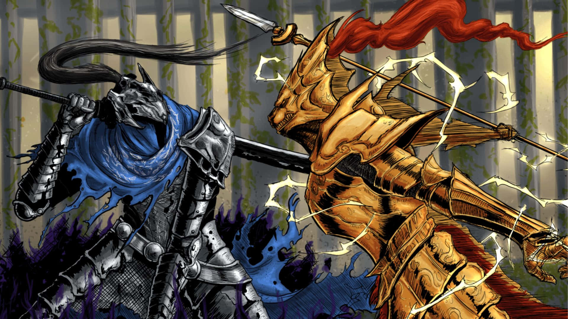 Dragon Slayer Ornstein, dark steel armor, blue aura, Full HD Desktop Wallpaper