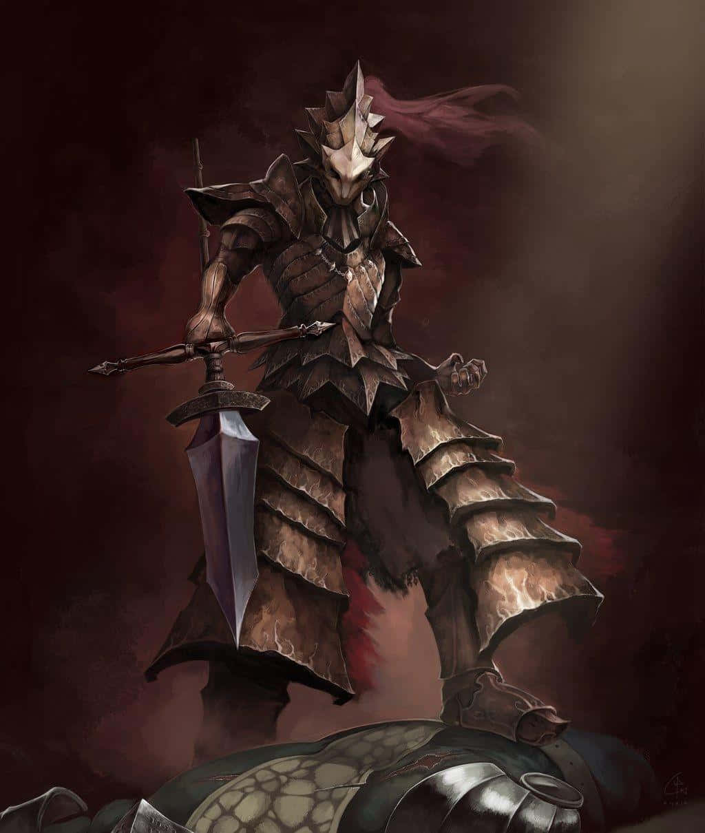 Dragon Slayer Ornstein, spiked helmet, glowing sword, SD Phone Wallpaper