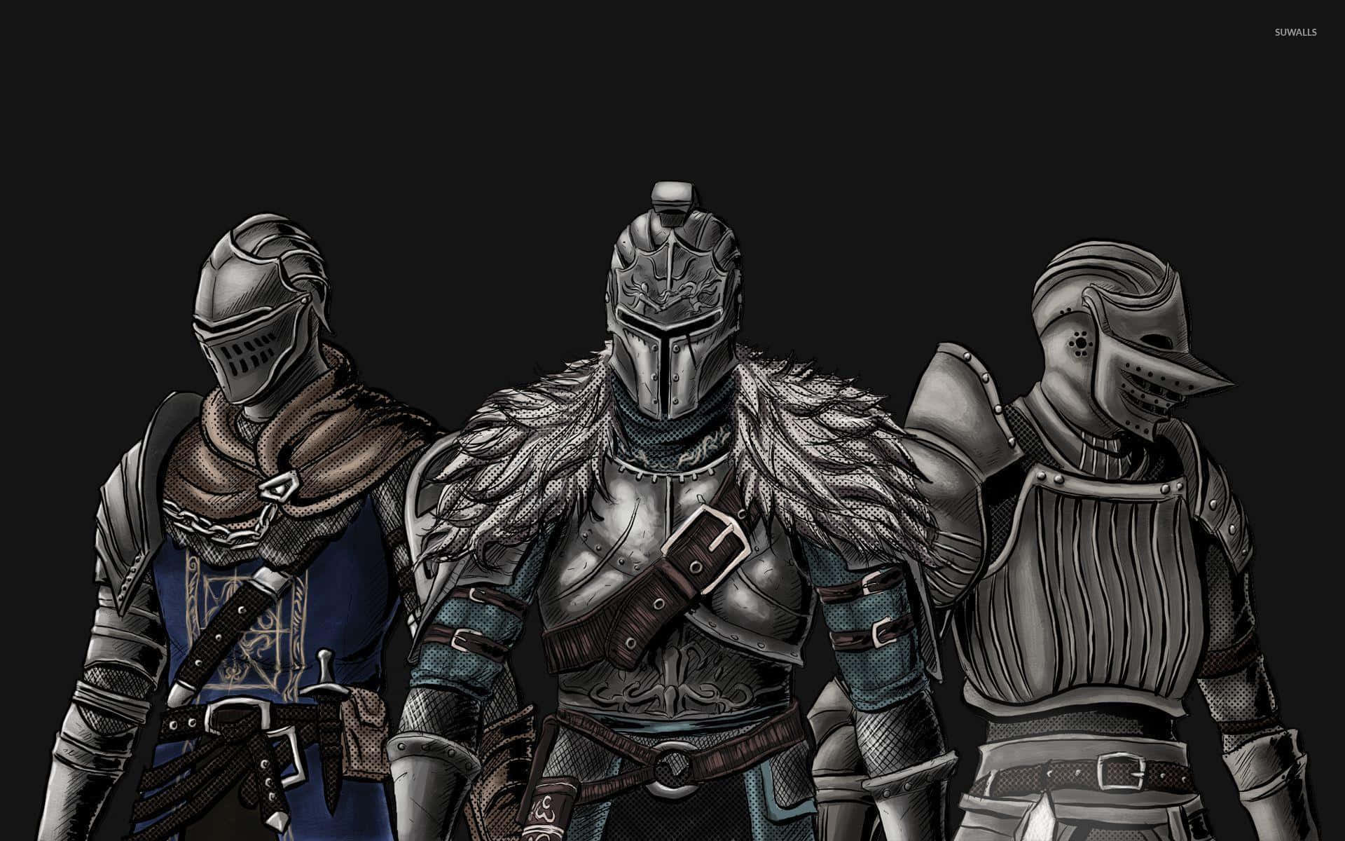 Dragon Slayer Ornstein, three armored knights, medieval armor, Full HD Desktop Wallpaper