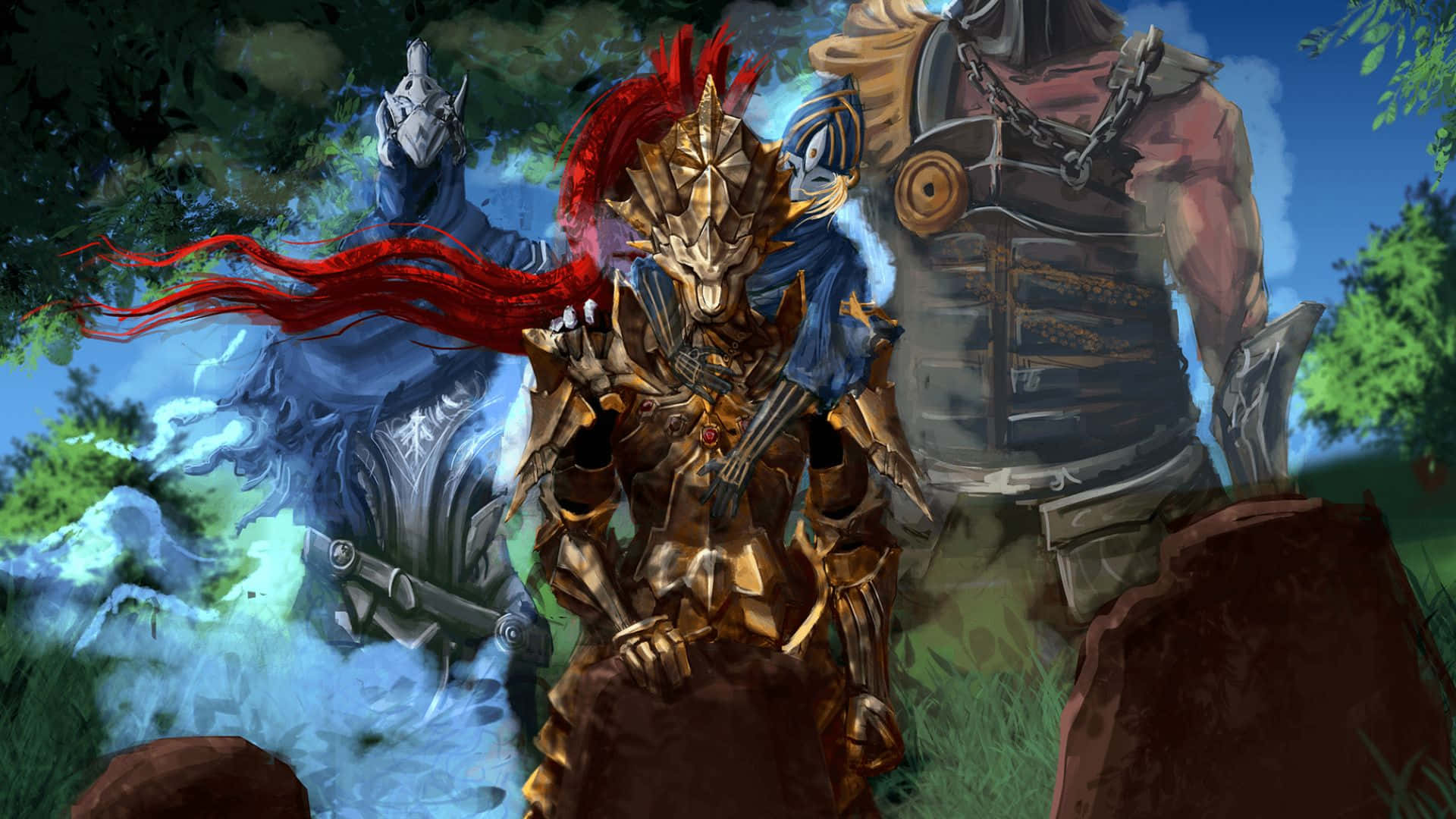 Dragon Slayer Ornstein, fantasy warriors, forest clearing, Full HD Desktop Wallpaper