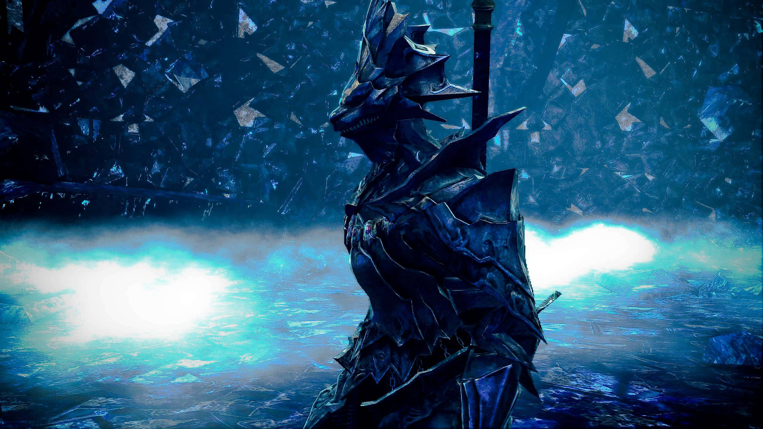 Dragon Slayer Ornstein, dark armored dragon-like warrior, shattered blue environment, 2K Desktop Wallpaper