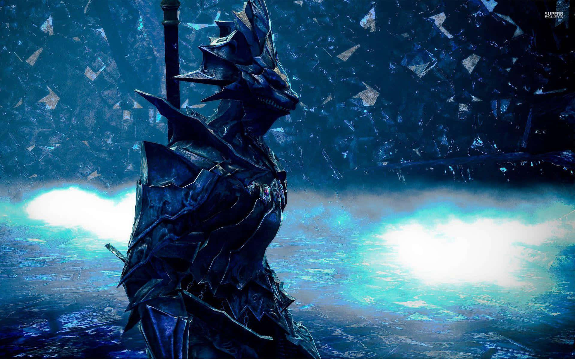Dragon Slayer Ornstein, shattered glassy realm, glowing blue energy, Full HD Desktop Wallpaper