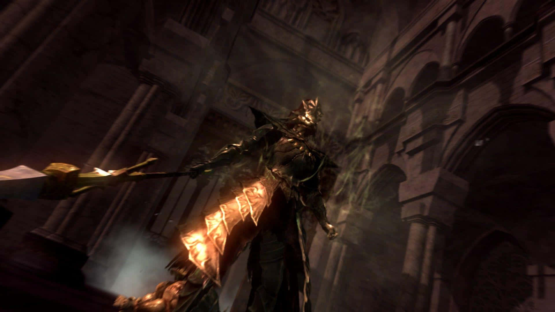 Dragon Slayer Ornstein, glowing golden armor, flaming sword, Full HD Desktop Wallpaper