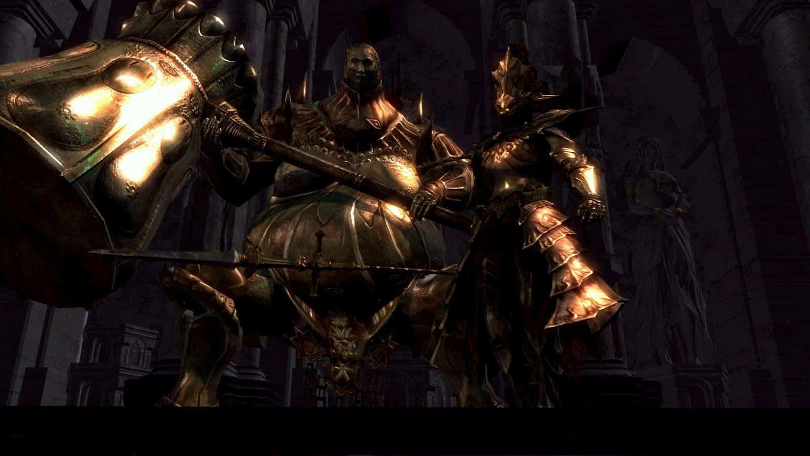 Dragon Slayer Ornstein, golden plate armor, dimly lit cathedral, HD Desktop Wallpaper