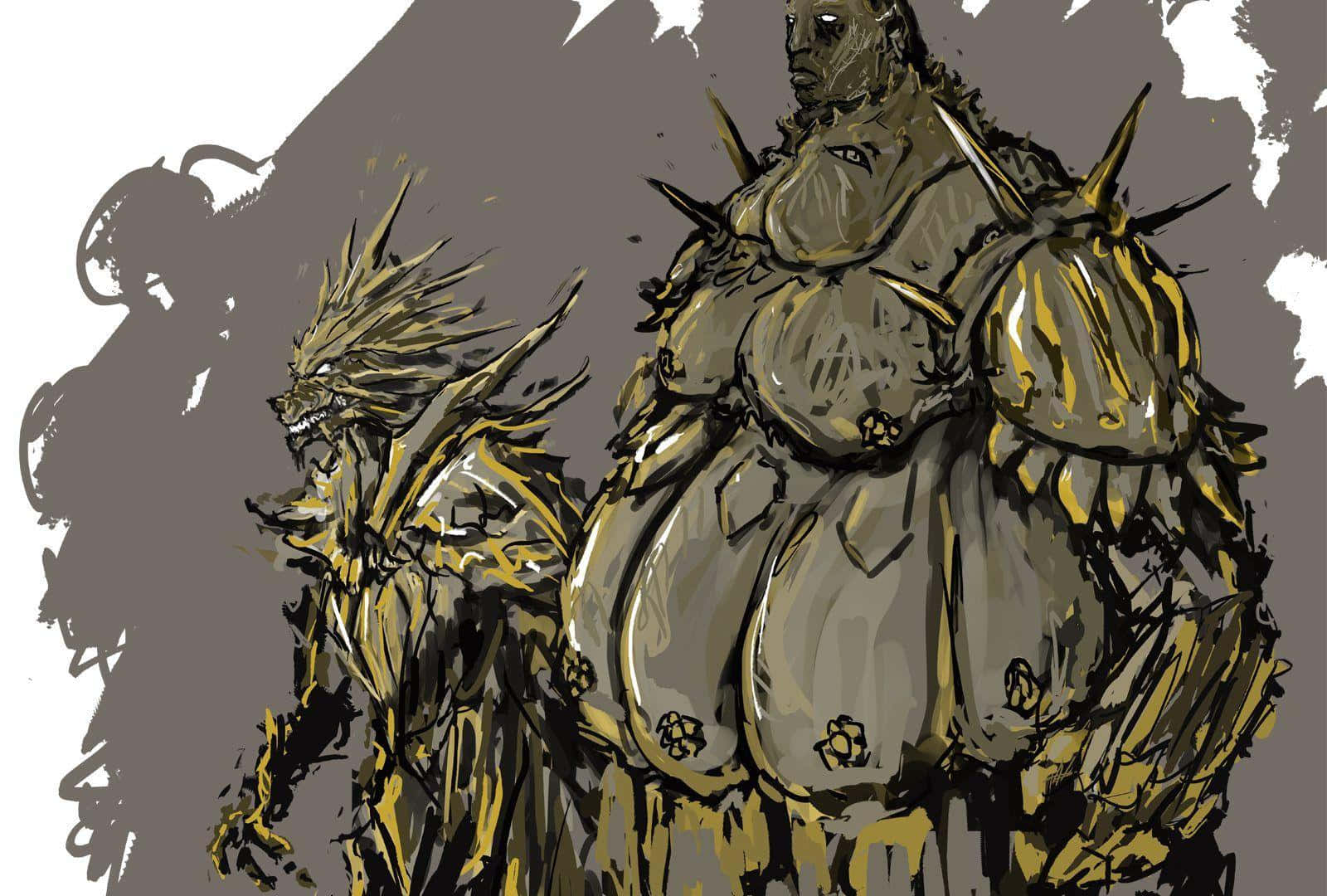 Dragon Slayer Ornstein, spiked golden armor, gritty sketch-style illustration, HD Desktop Wallpaper