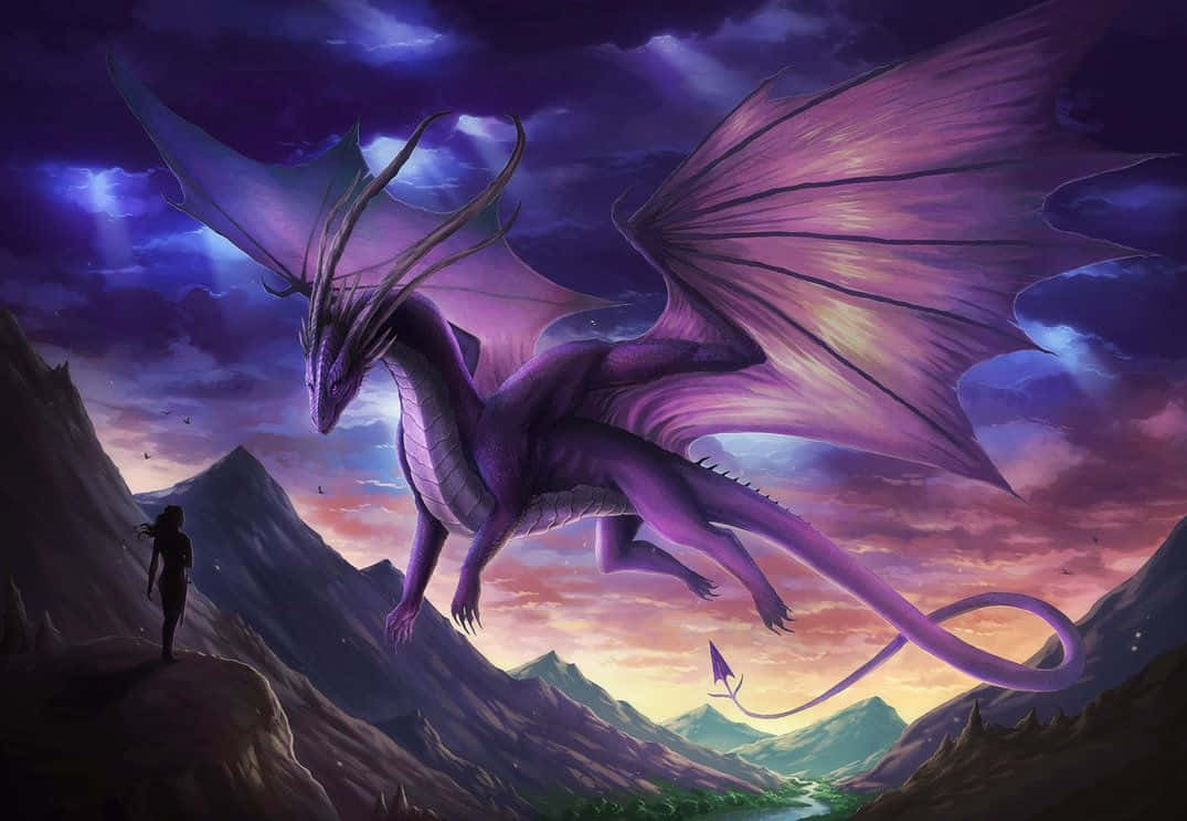 purple dragon, mountainous valley, twilight sky, SD Desktop Wallpaper
