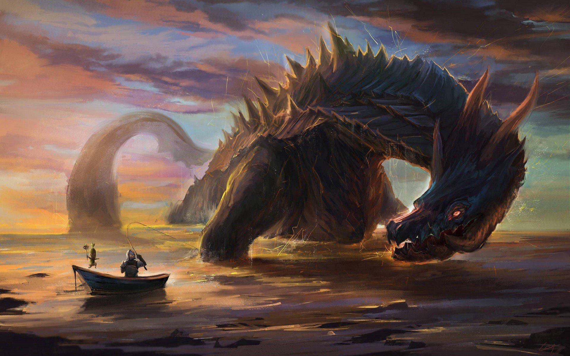 sea dragon, colossal dark dragon, stormy sea, Full HD Desktop Wallpaper