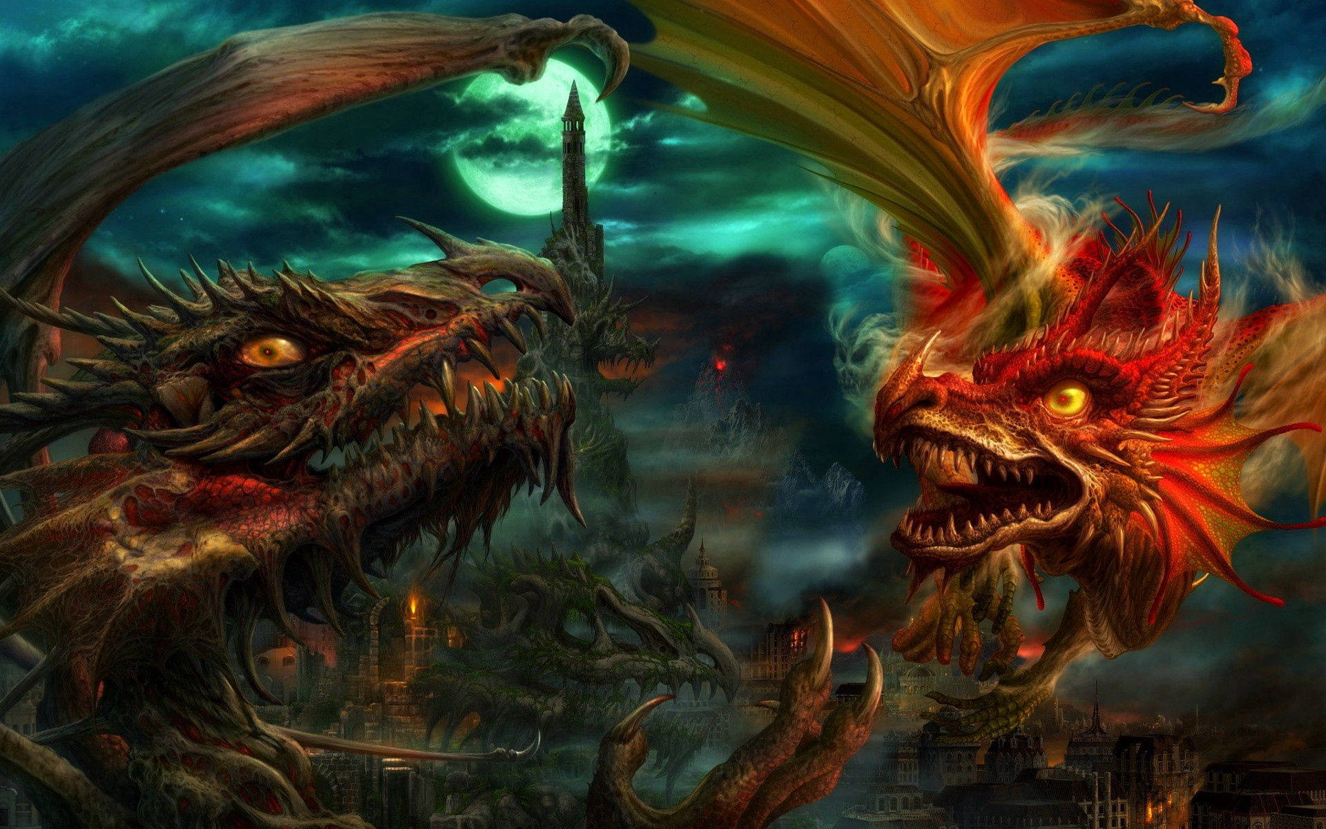 scary big dragon, colossal dragons, moonlit ruined cityscape, Full HD Desktop Wallpaper