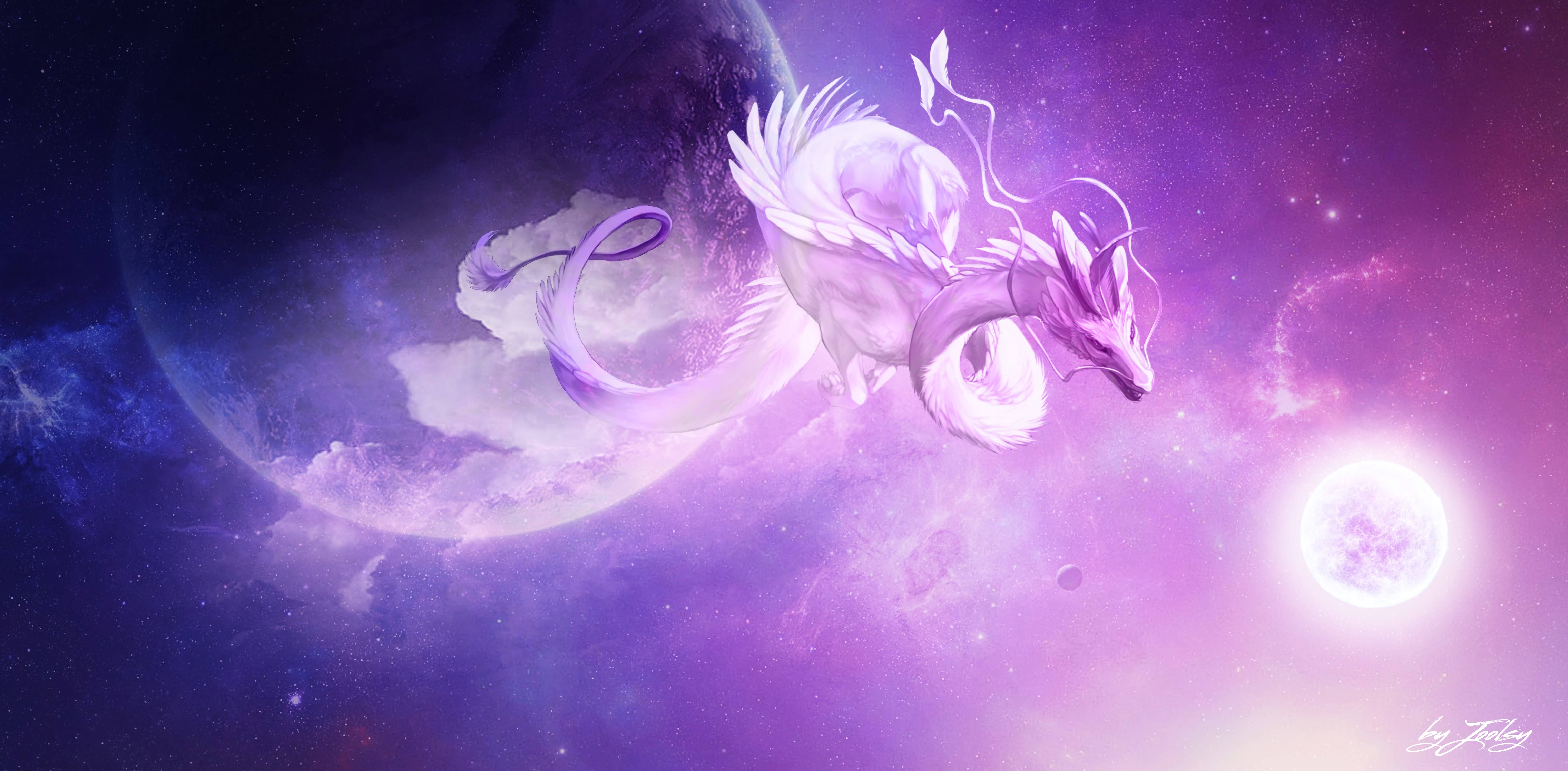 white dragon, vibrant purple nebula, glowing planet, 8K Desktop Wallpaper