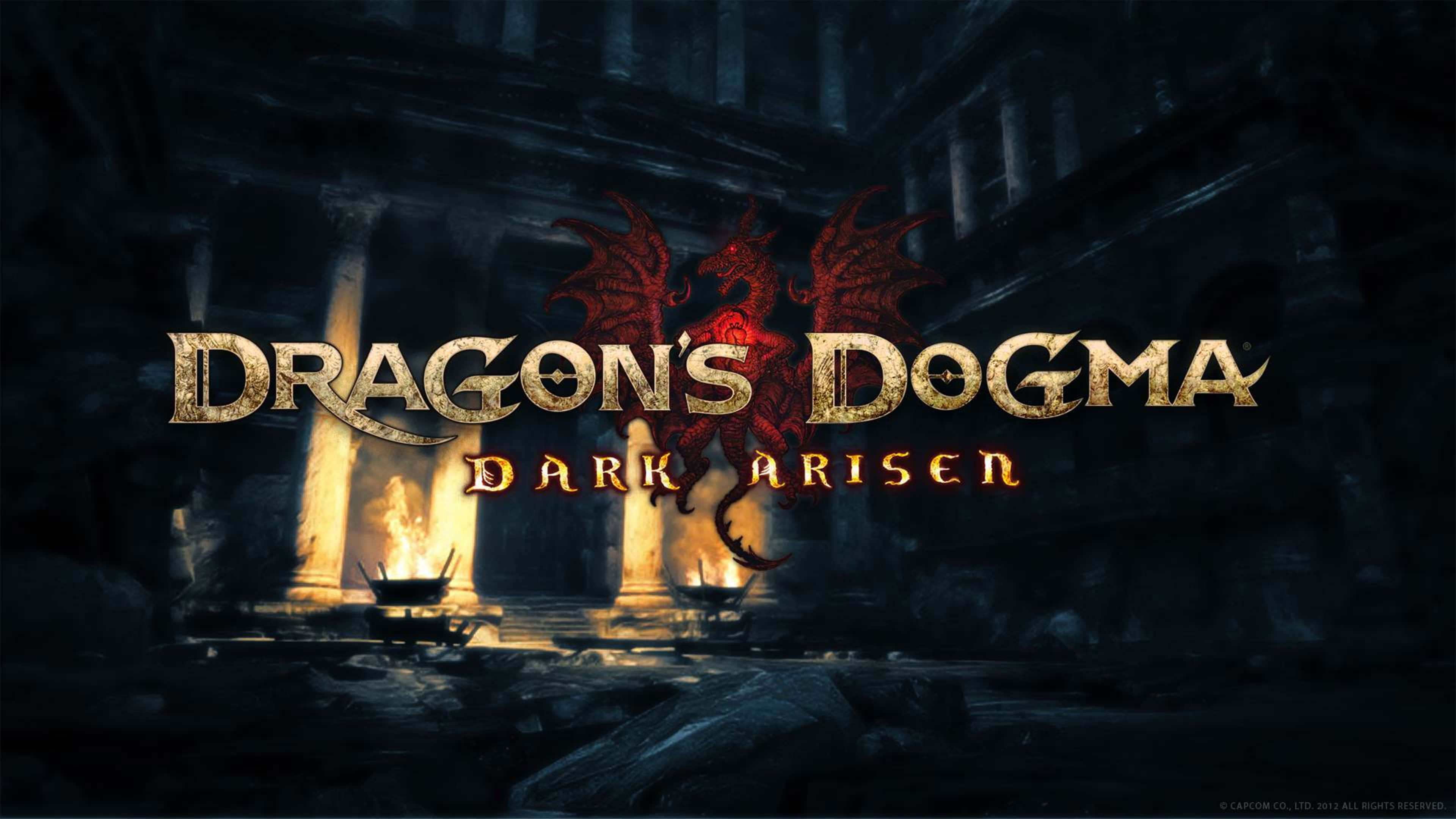 dogmatic dragons, glowing golden text, red dragon emblem, 4K Desktop Wallpaper