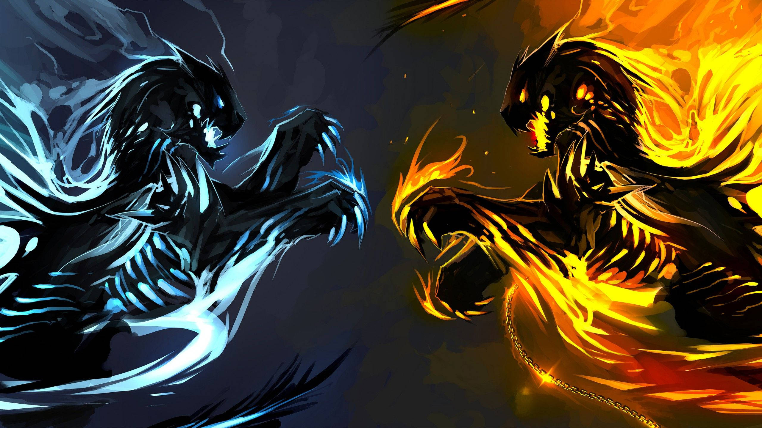 water and fire dragon, icy blue, fiery orange, 2K Desktop Wallpaper