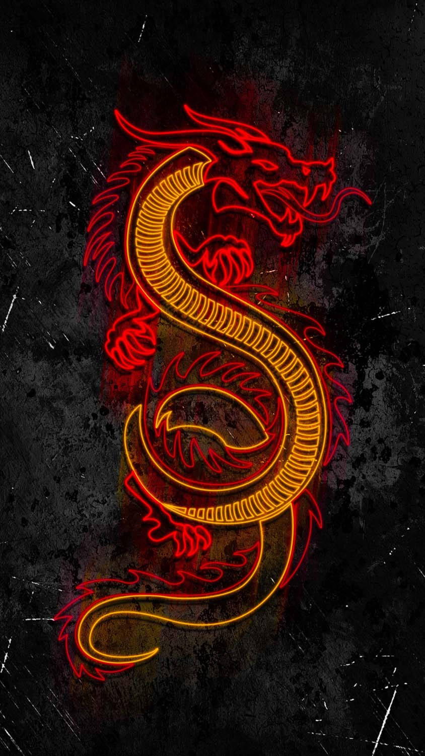 glowing gold red dragon, fiery red and orange neon dragon, coils dynamically, HD Phone Wallpaper